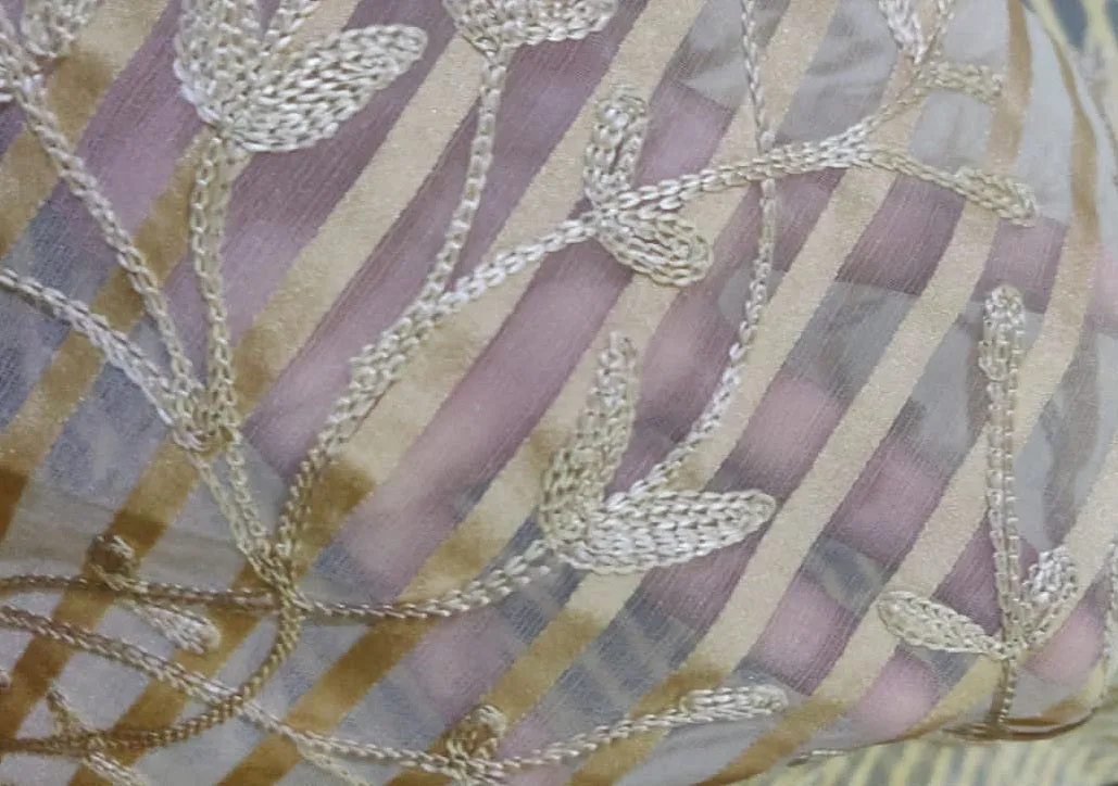 100% silk organza beige stripe embroidery fabric 44" WIDE [10959]