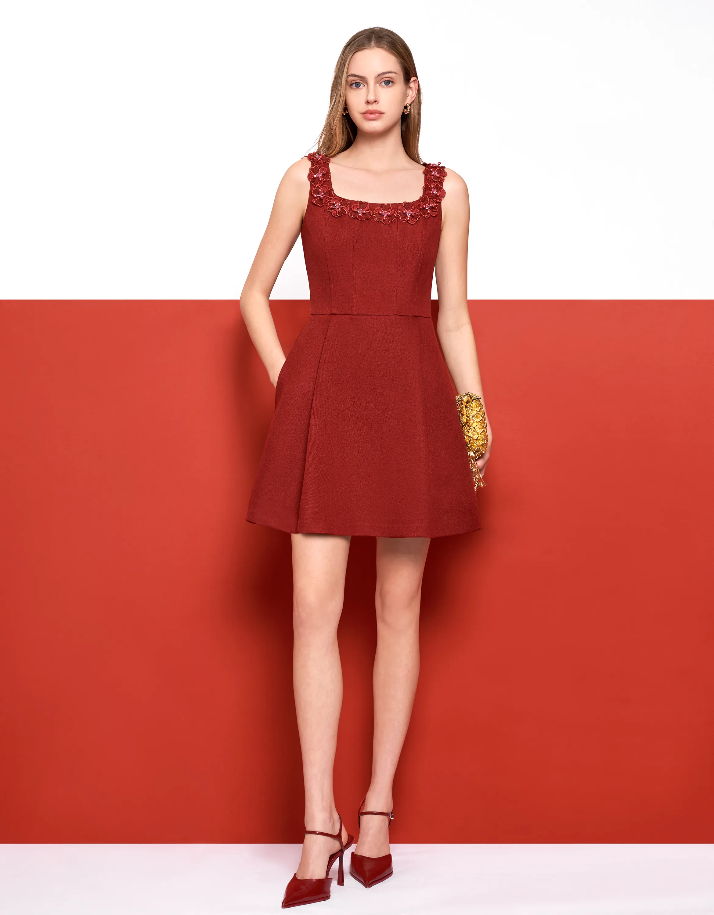 3D Floral Neckline Sleeveless Dress