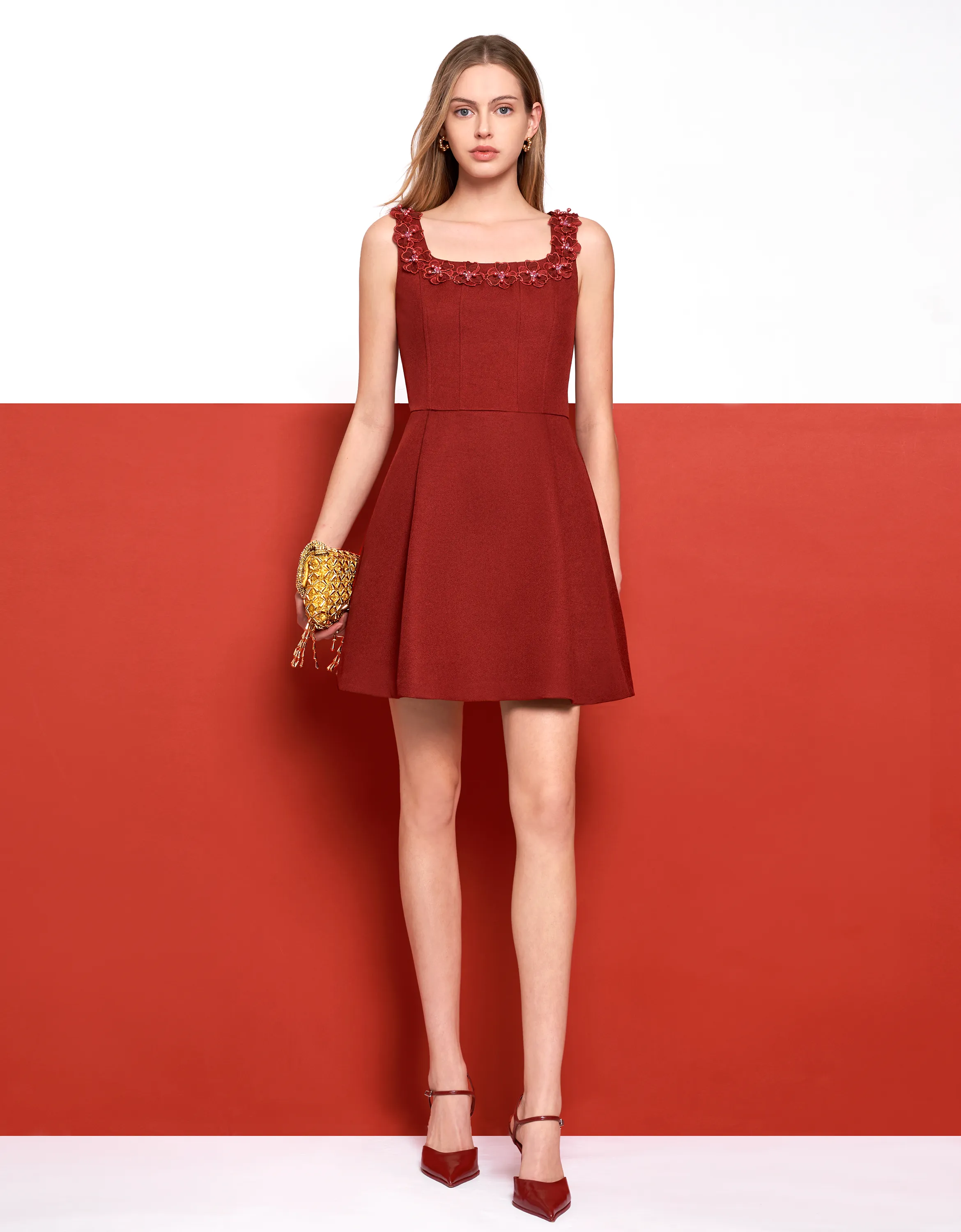 3D Floral Neckline Sleeveless Dress