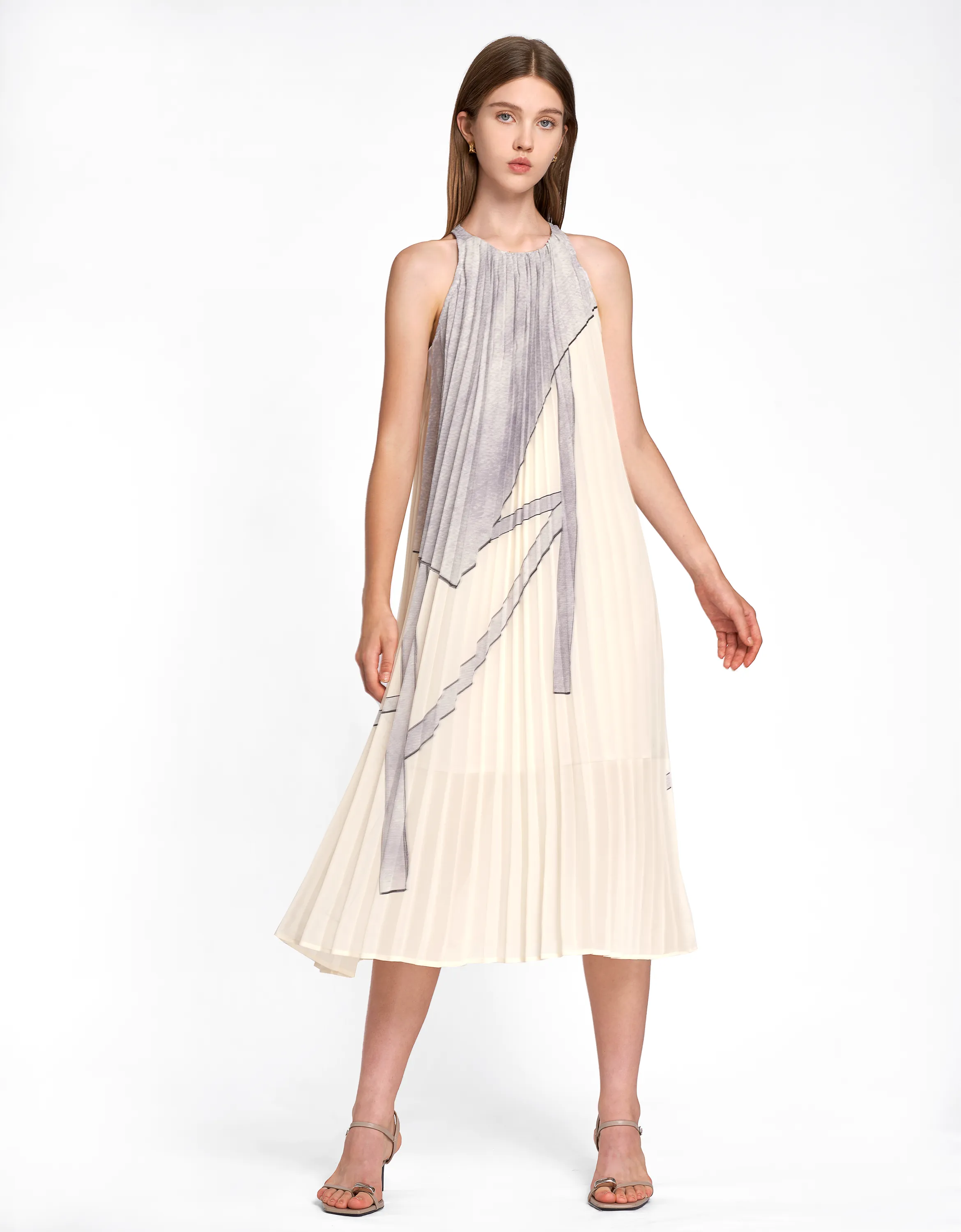 Art Print Halterneck Pleated Dress