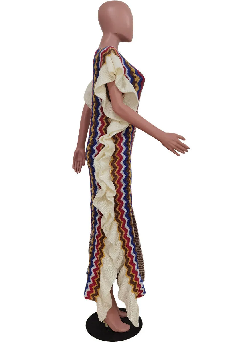BE208 Knitted Ruffle Long Dress