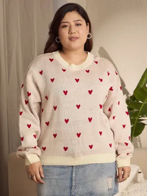 Berrylush Curve Women Pink & Red Heart Printed Round Neck Acrylic Ribbed Hem Regular Pullover