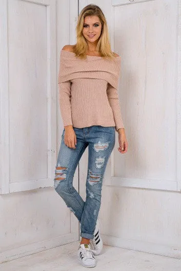 Big Lapel Collar Off Shoulder Long Sleeves Slim Sweater