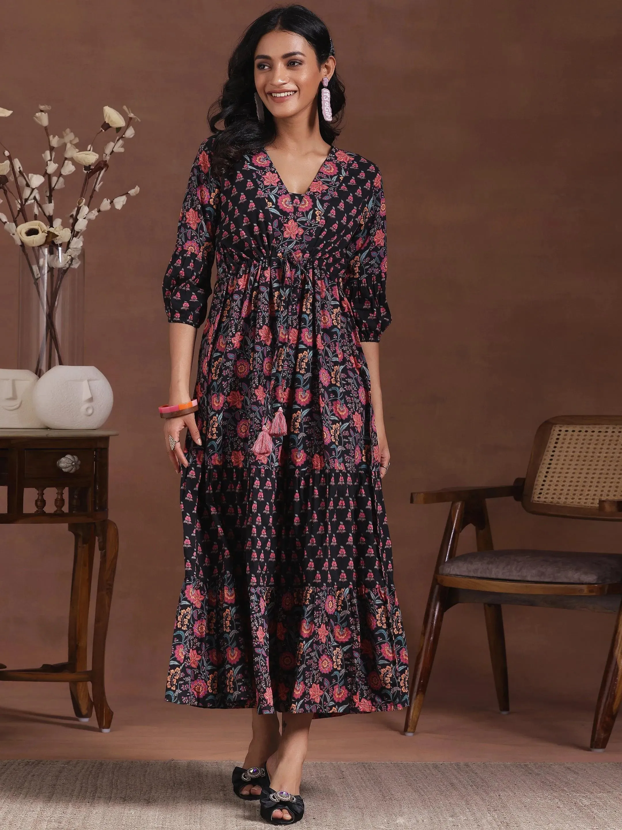 Black Printed Cotton A-Line Dress