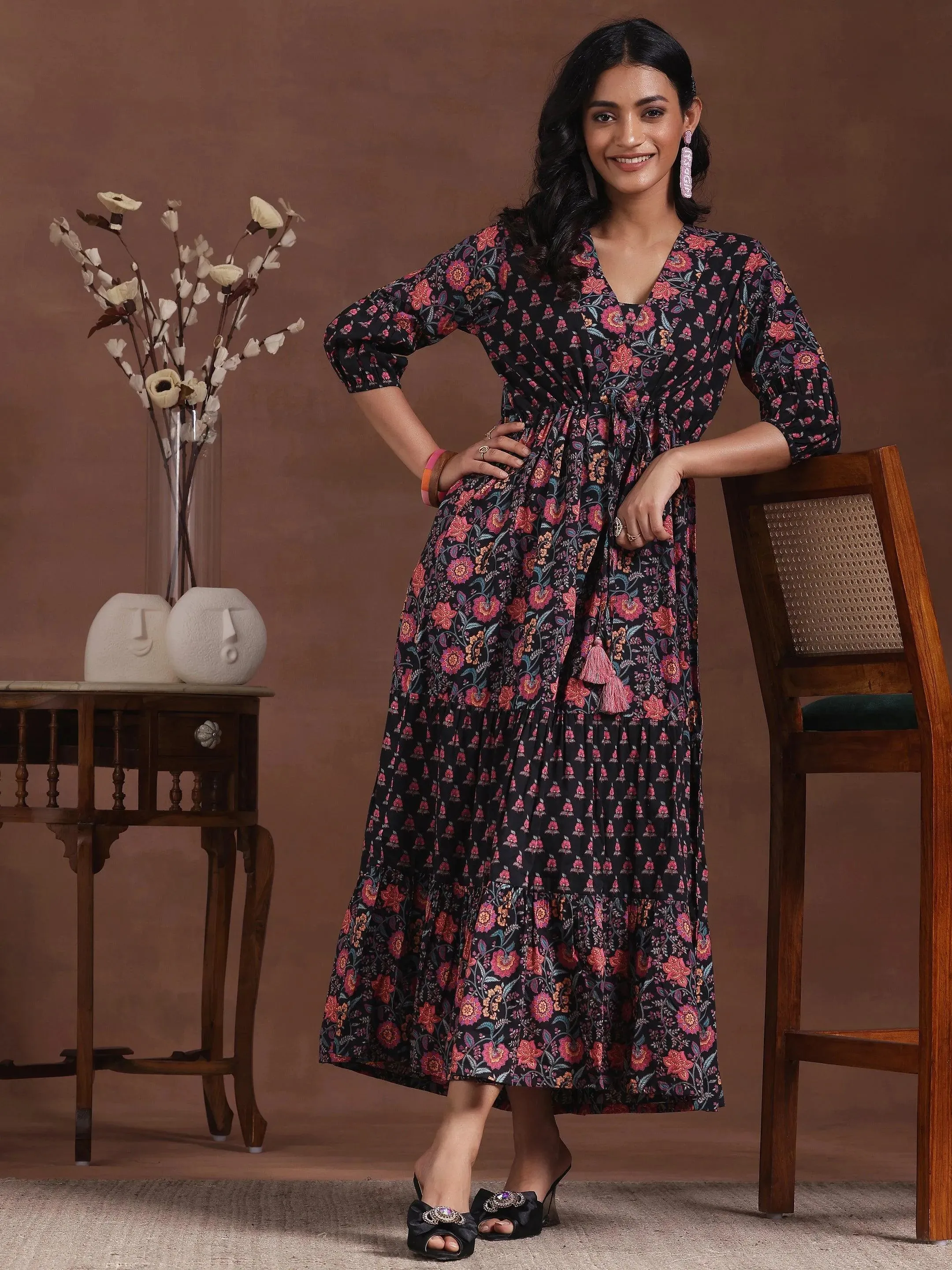 Black Printed Cotton A-Line Dress