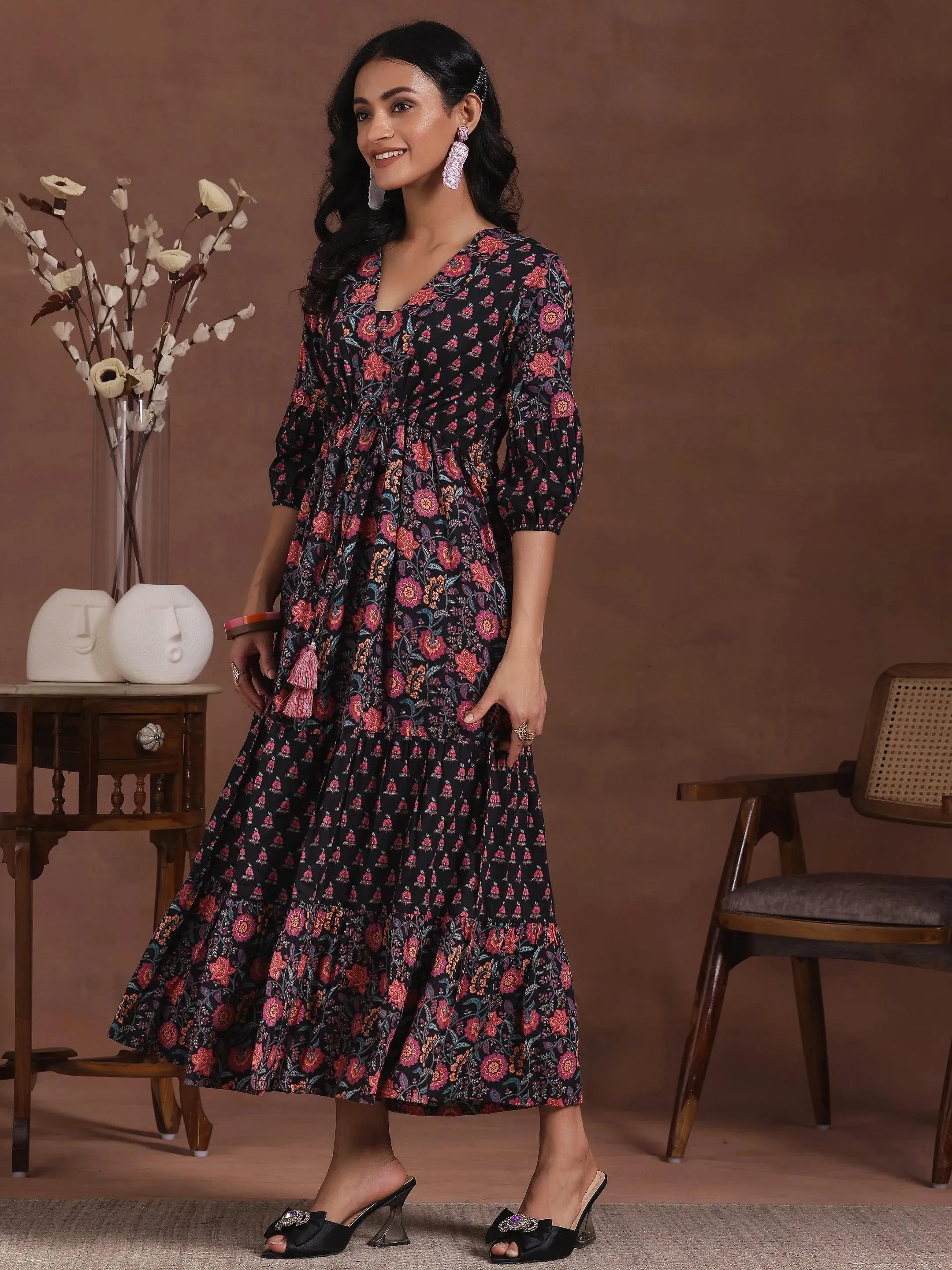 Black Printed Cotton A-Line Dress