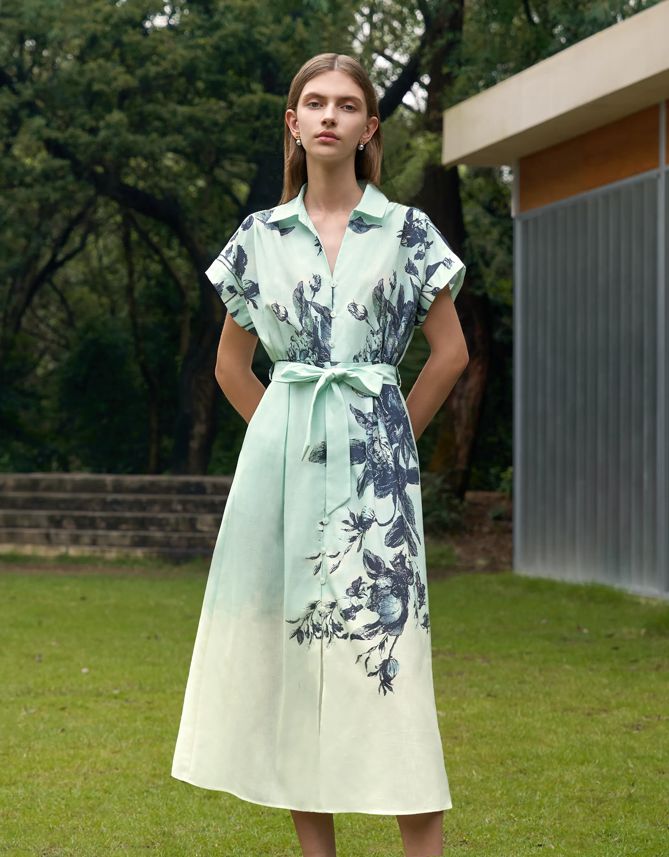 Botanical Print Button Up Midi Dress