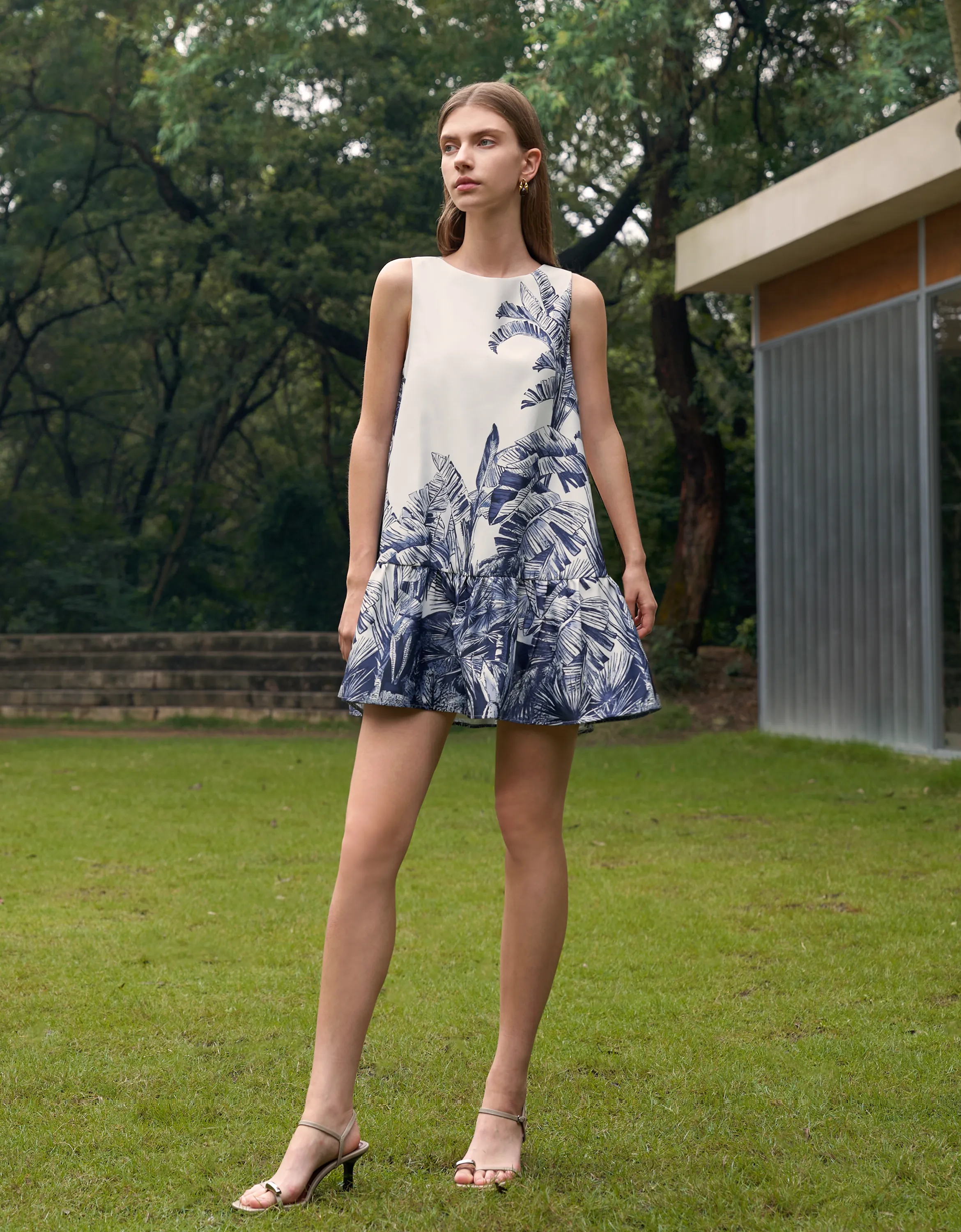 Botanical Print Ruffled Hem Dress
