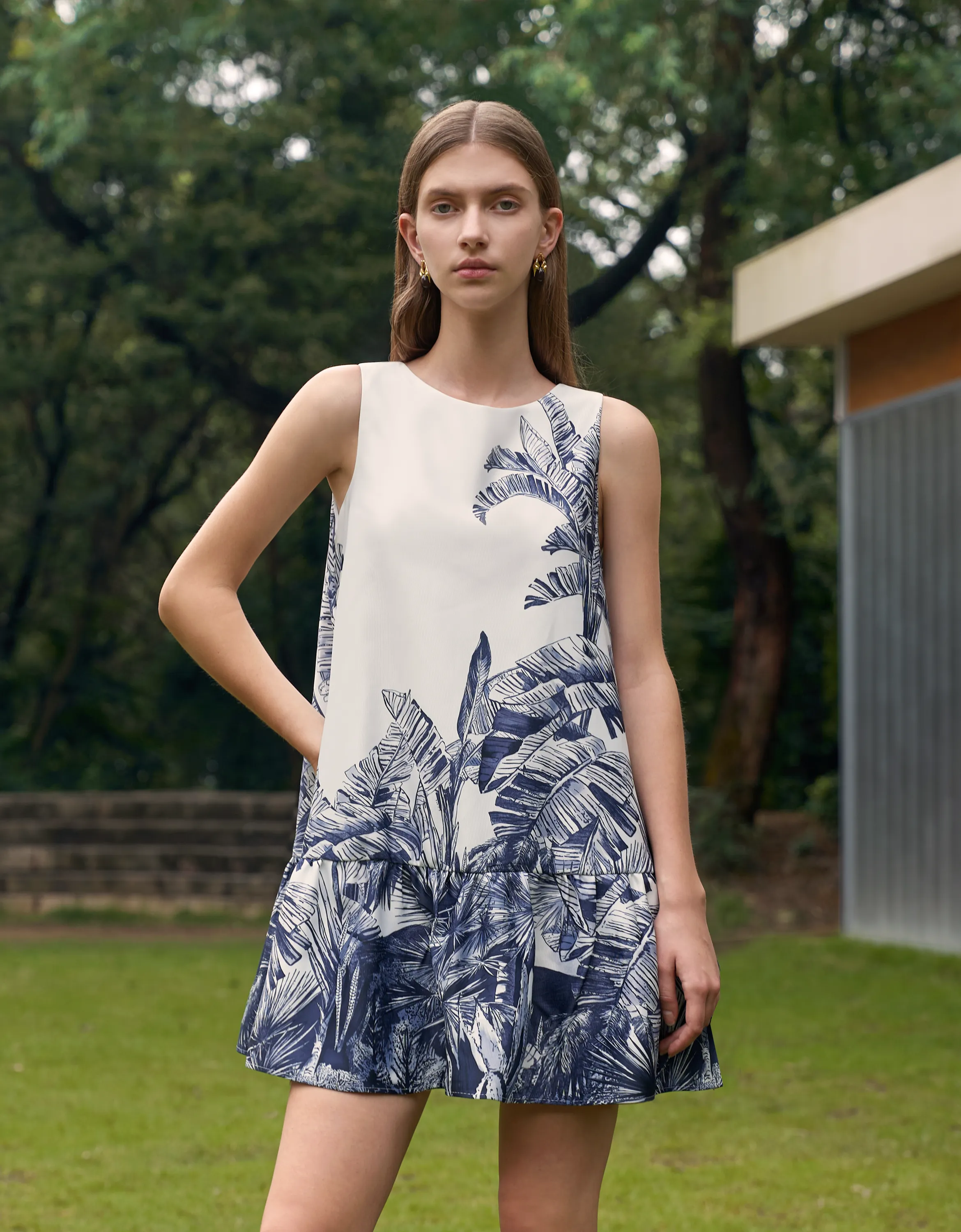 Botanical Print Ruffled Hem Dress