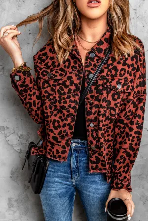 Brown Leopard Print Raw Hem Buttoned Cropped Jacket