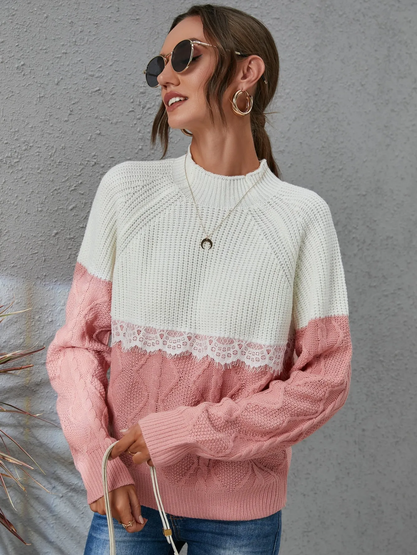 Casual Colorblock Contrast Lace Long Sleeve Stand Collar Regular Women Sweater