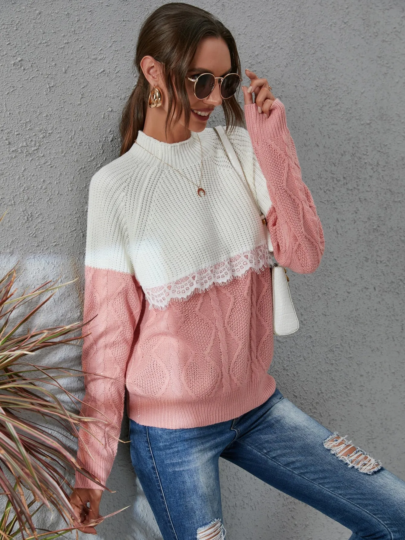 Casual Colorblock Contrast Lace Long Sleeve Stand Collar Regular Women Sweater