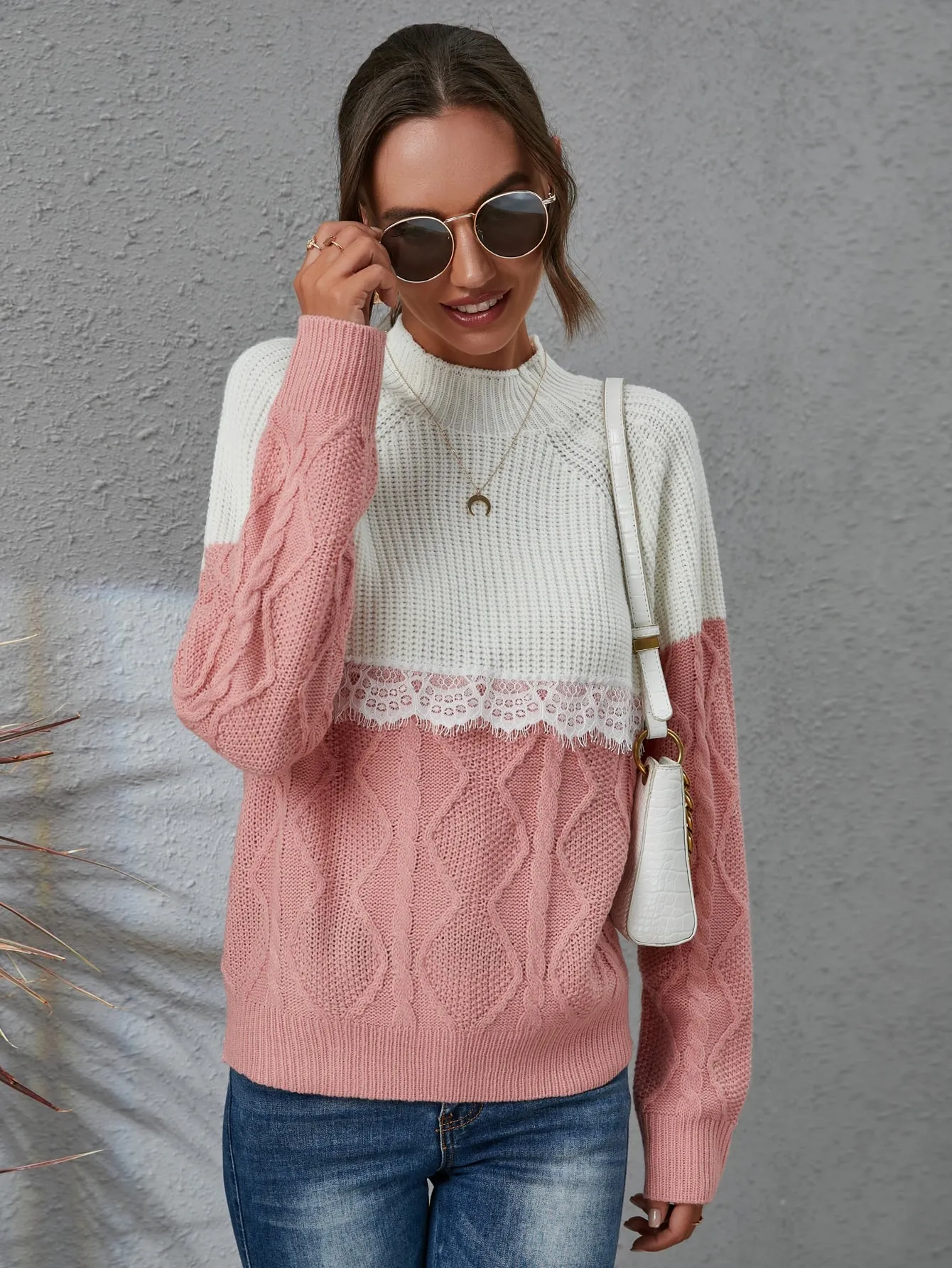 Casual Colorblock Contrast Lace Long Sleeve Stand Collar Regular Women Sweater