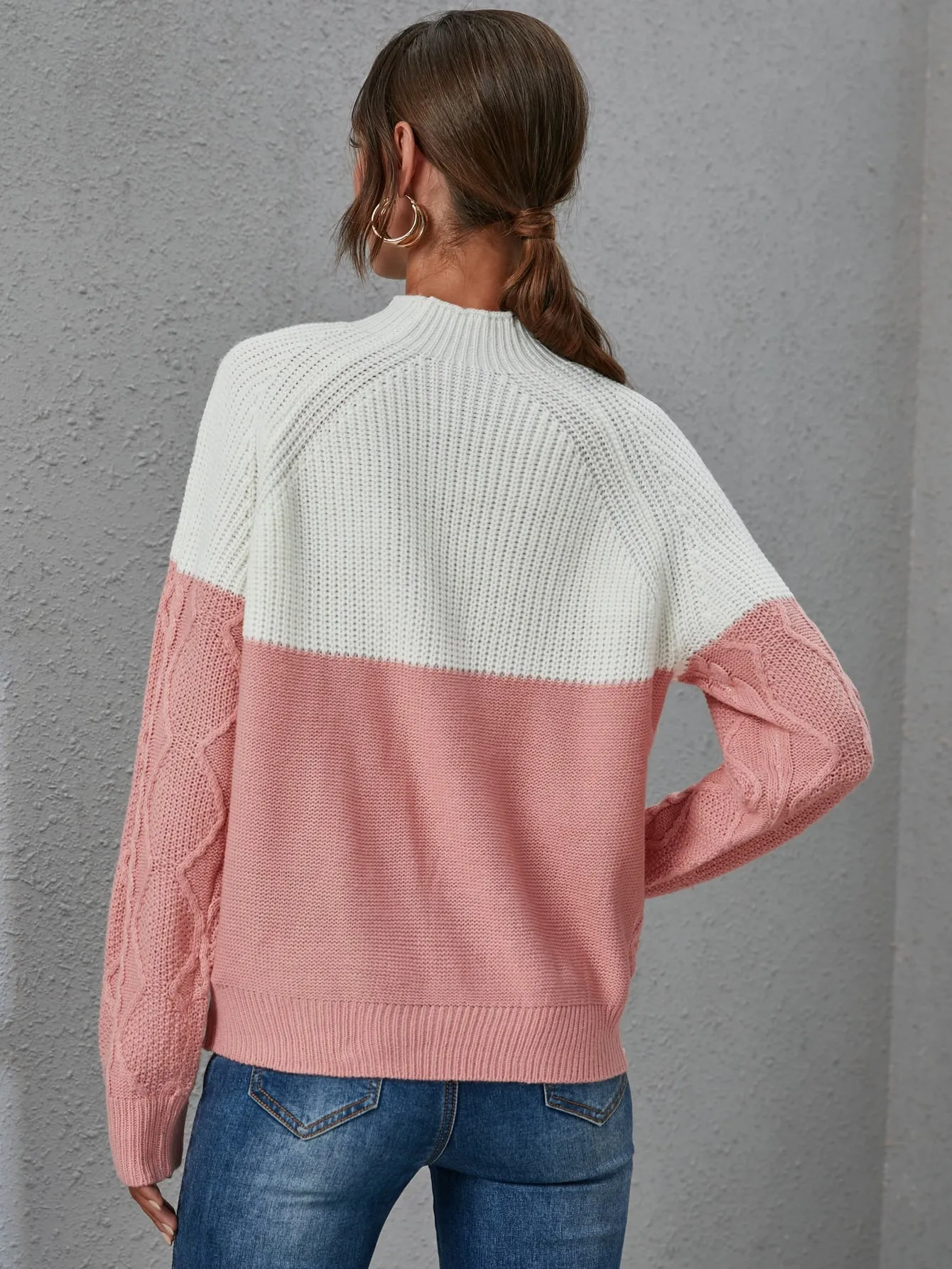 Casual Colorblock Contrast Lace Long Sleeve Stand Collar Regular Women Sweater