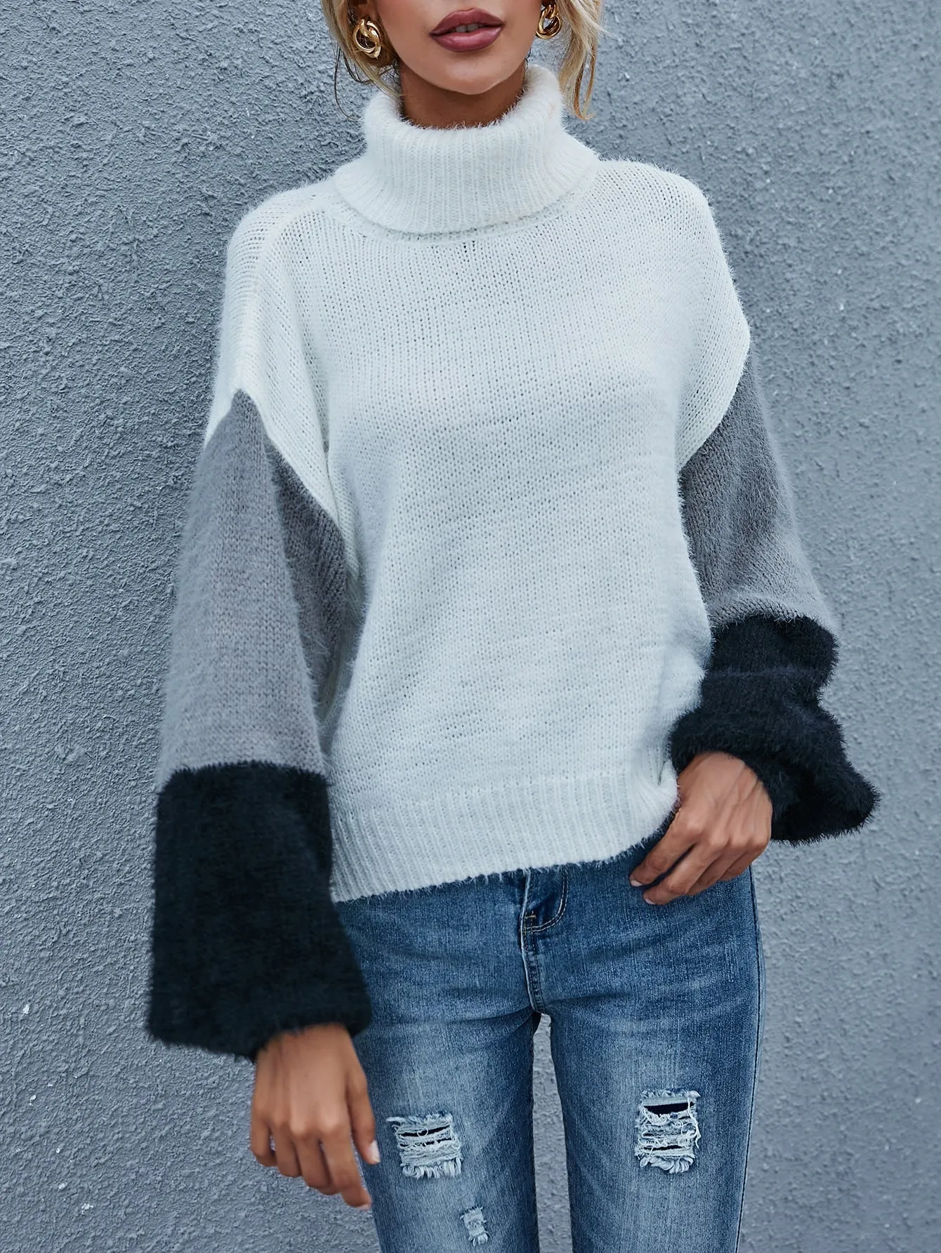 Casual Colorblock Long Sleeve High Neck Regular Women Sweater