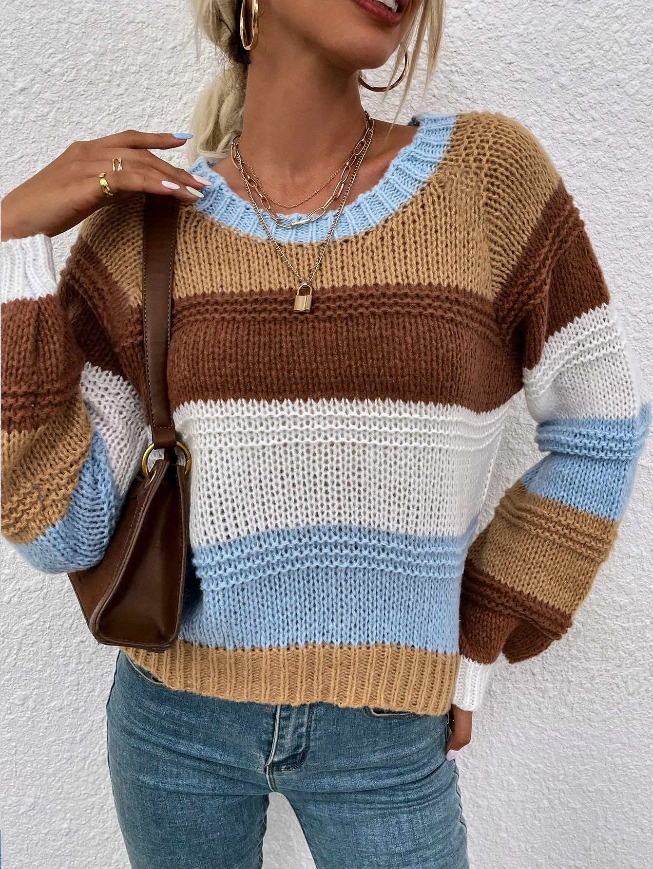Casual Colorblock Long Sleeve Round Neck Regular Women Sweater