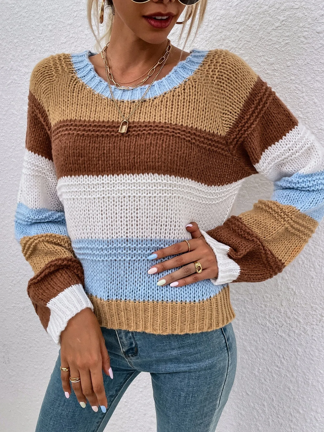 Casual Colorblock Long Sleeve Round Neck Regular Women Sweater