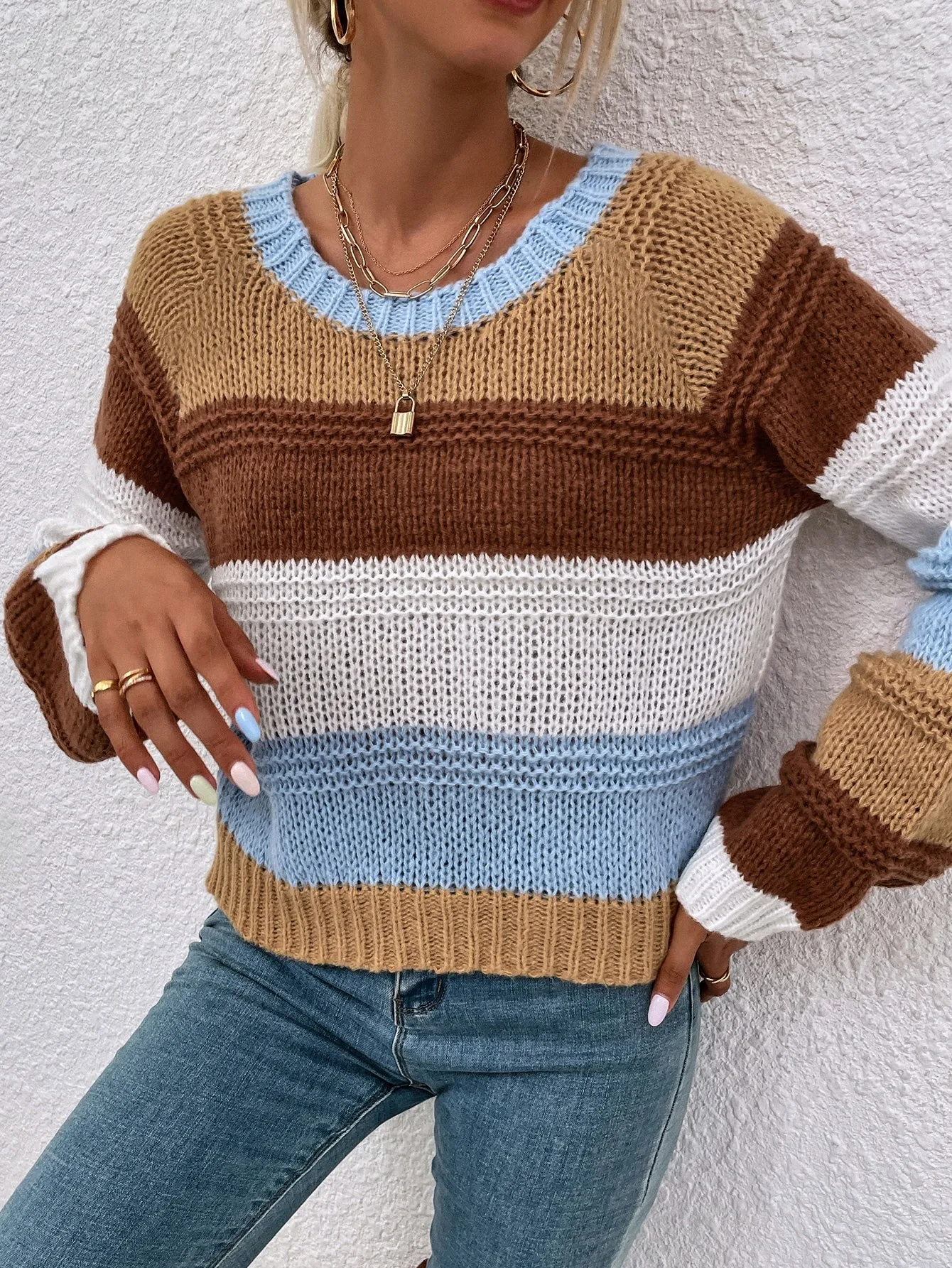 Casual Colorblock Long Sleeve Round Neck Regular Women Sweater
