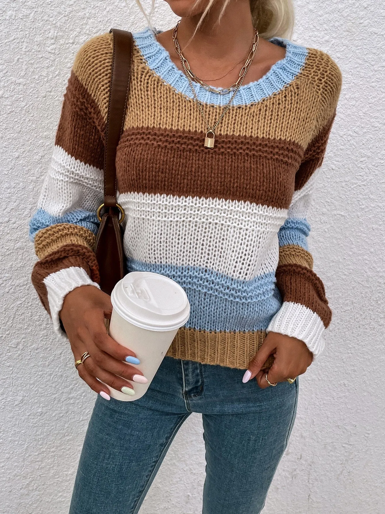 Casual Colorblock Long Sleeve Round Neck Regular Women Sweater