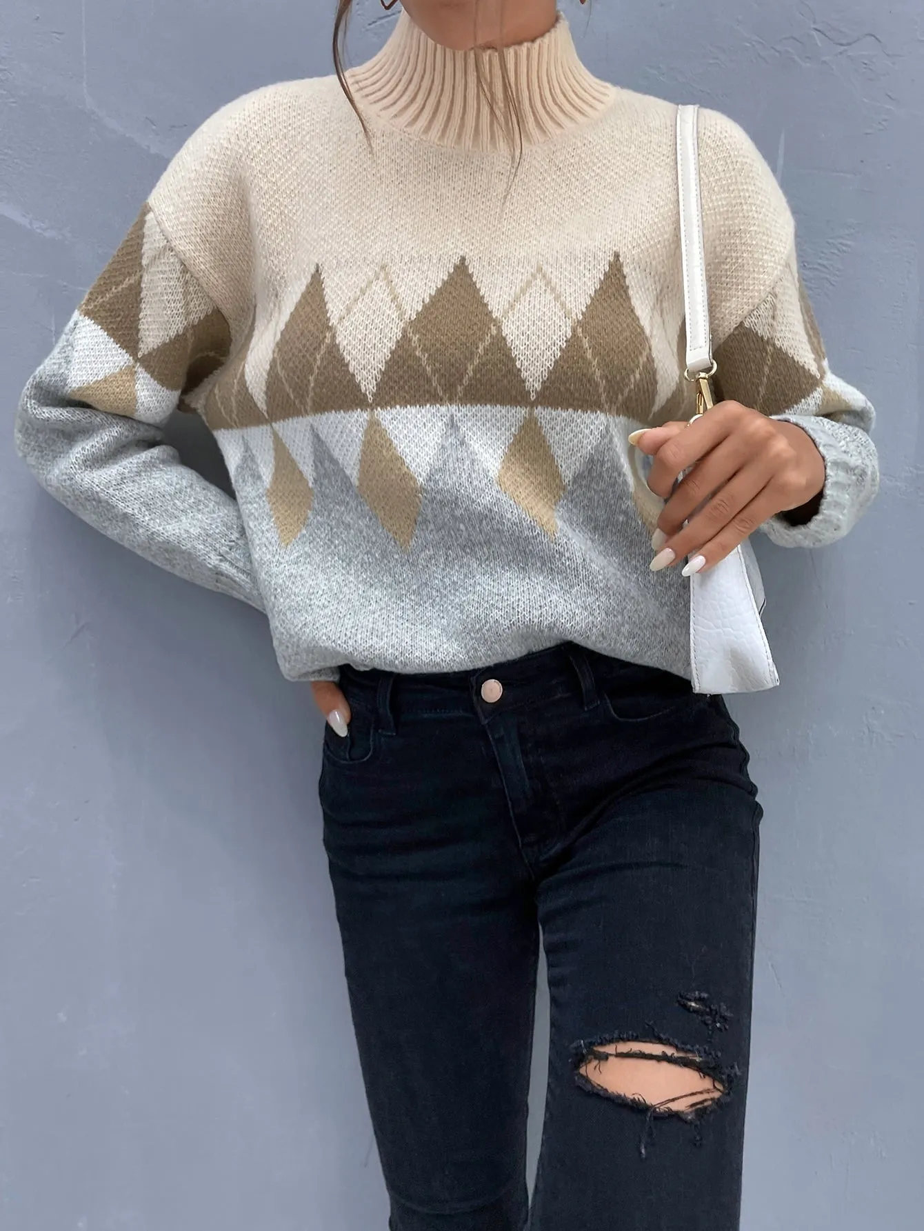 Casual Geometric Long Sleeve High Neck Regular Women Sweater