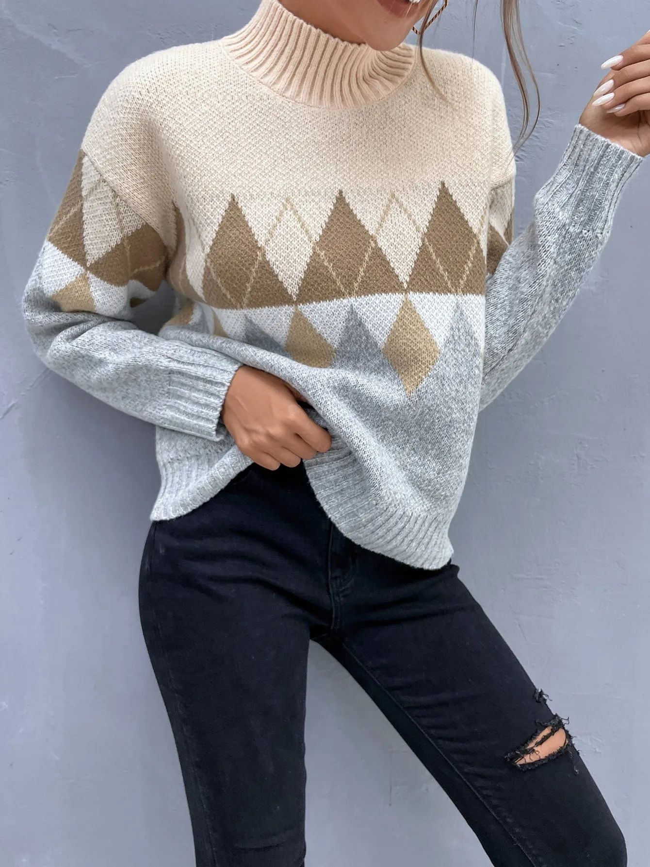 Casual Geometric Long Sleeve High Neck Regular Women Sweater