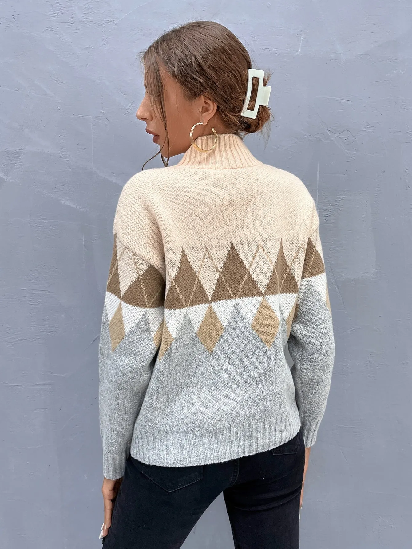 Casual Geometric Long Sleeve High Neck Regular Women Sweater