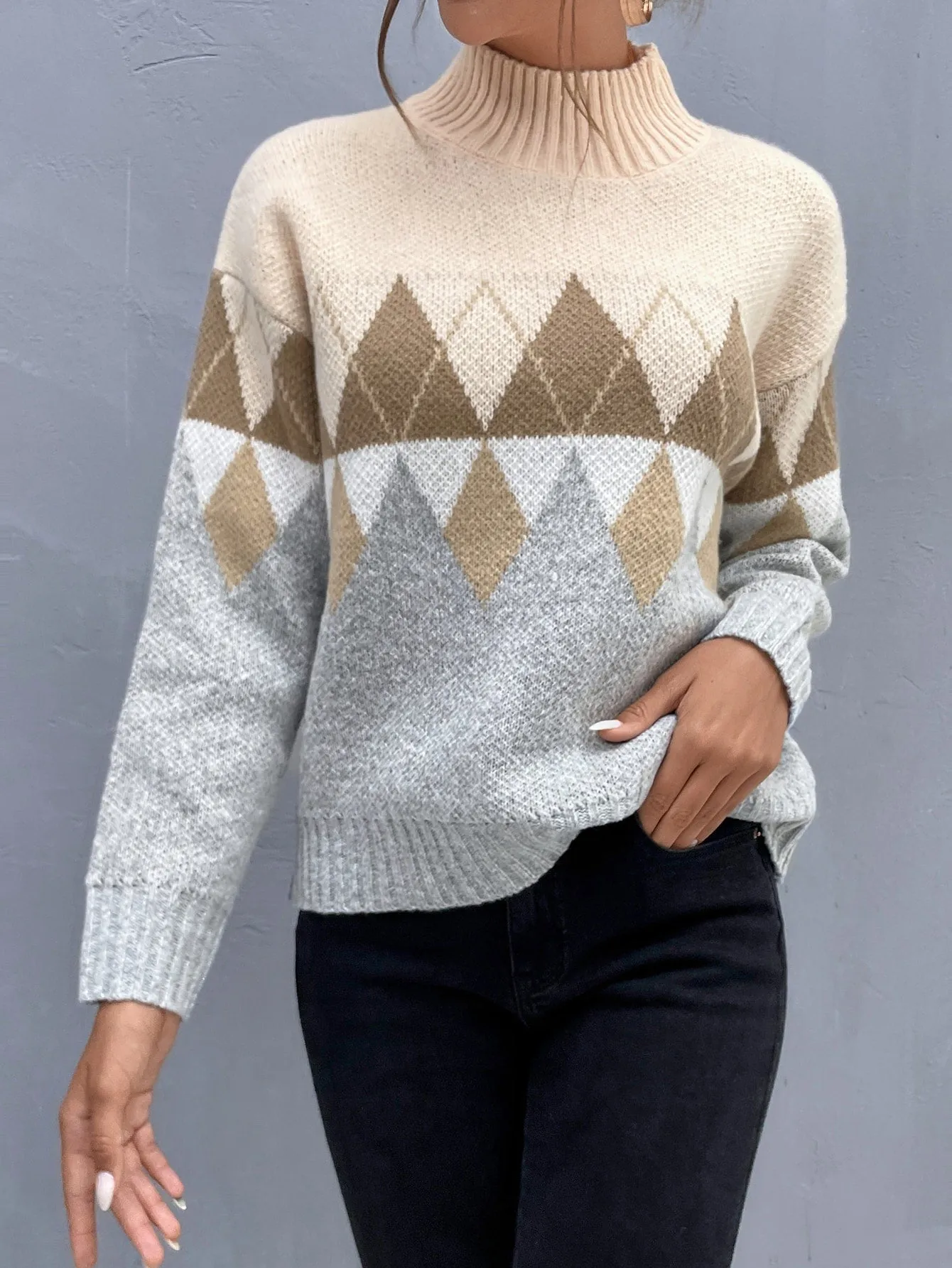 Casual Geometric Long Sleeve High Neck Regular Women Sweater