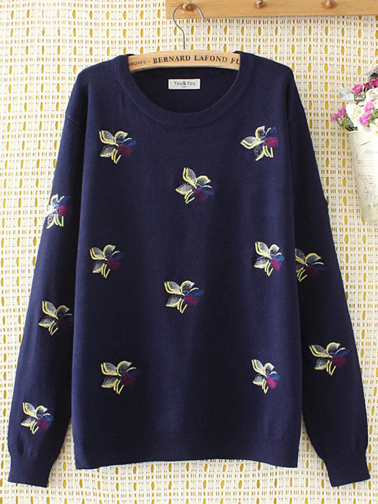 Casual Peony Embroidery Sweaters