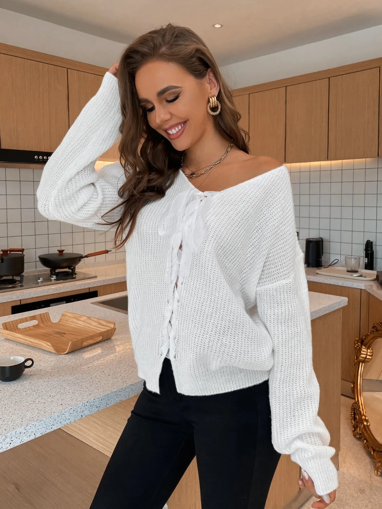 Casual Plain Lace Up Long Sleeve V Neck Regular Women Sweater