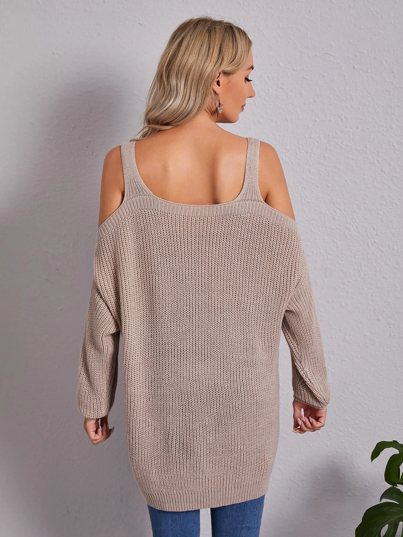 Casual Plain Long Sleeve Cold Shoulder Long Women Sweater