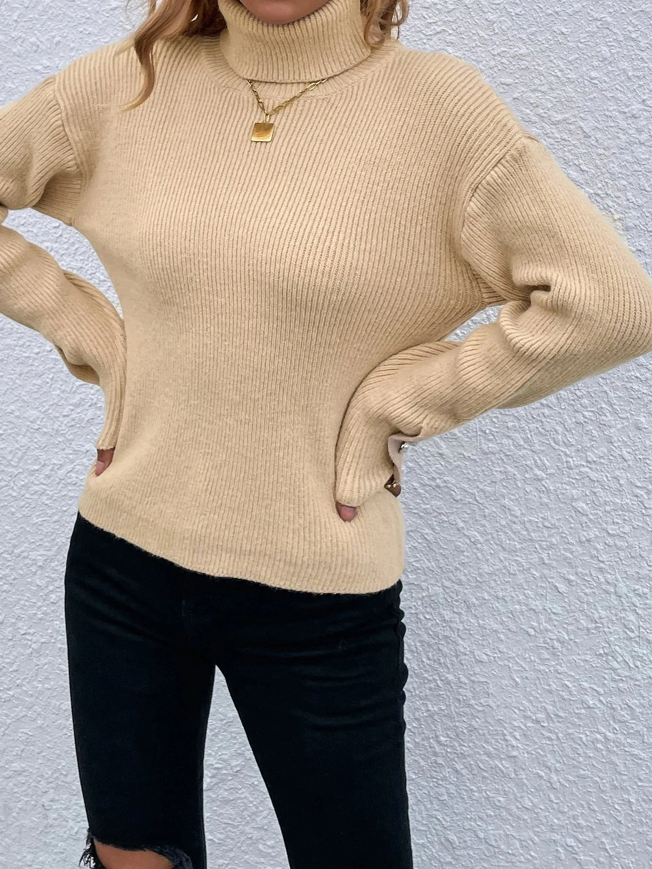 Casual Plain Pearls Long Sleeve High Neck Regular Women Sweater