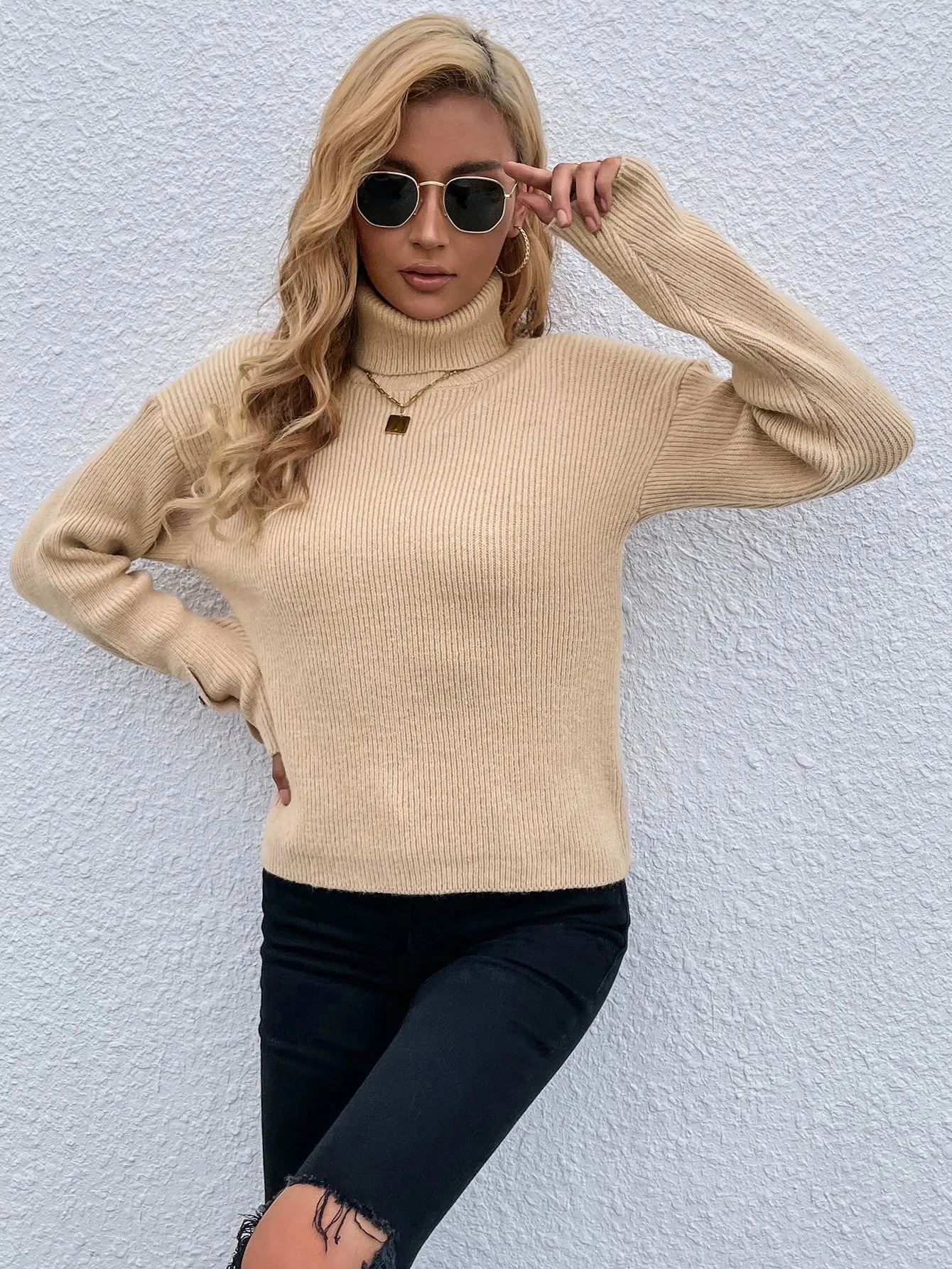 Casual Plain Pearls Long Sleeve High Neck Regular Women Sweater