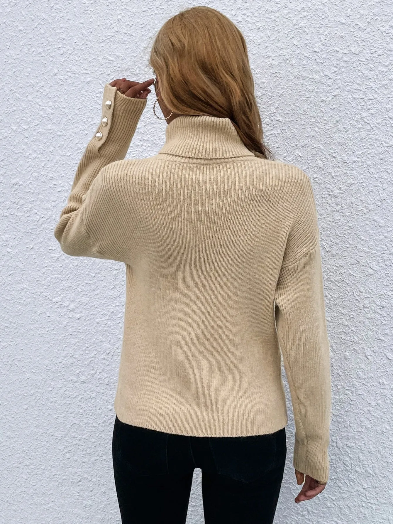 Casual Plain Pearls Long Sleeve High Neck Regular Women Sweater