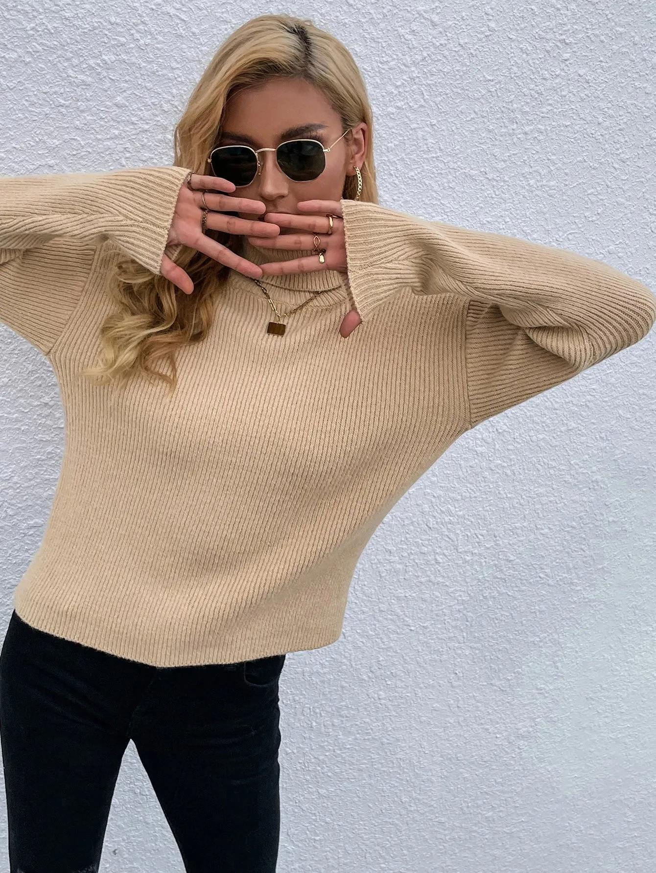 Casual Plain Pearls Long Sleeve High Neck Regular Women Sweater