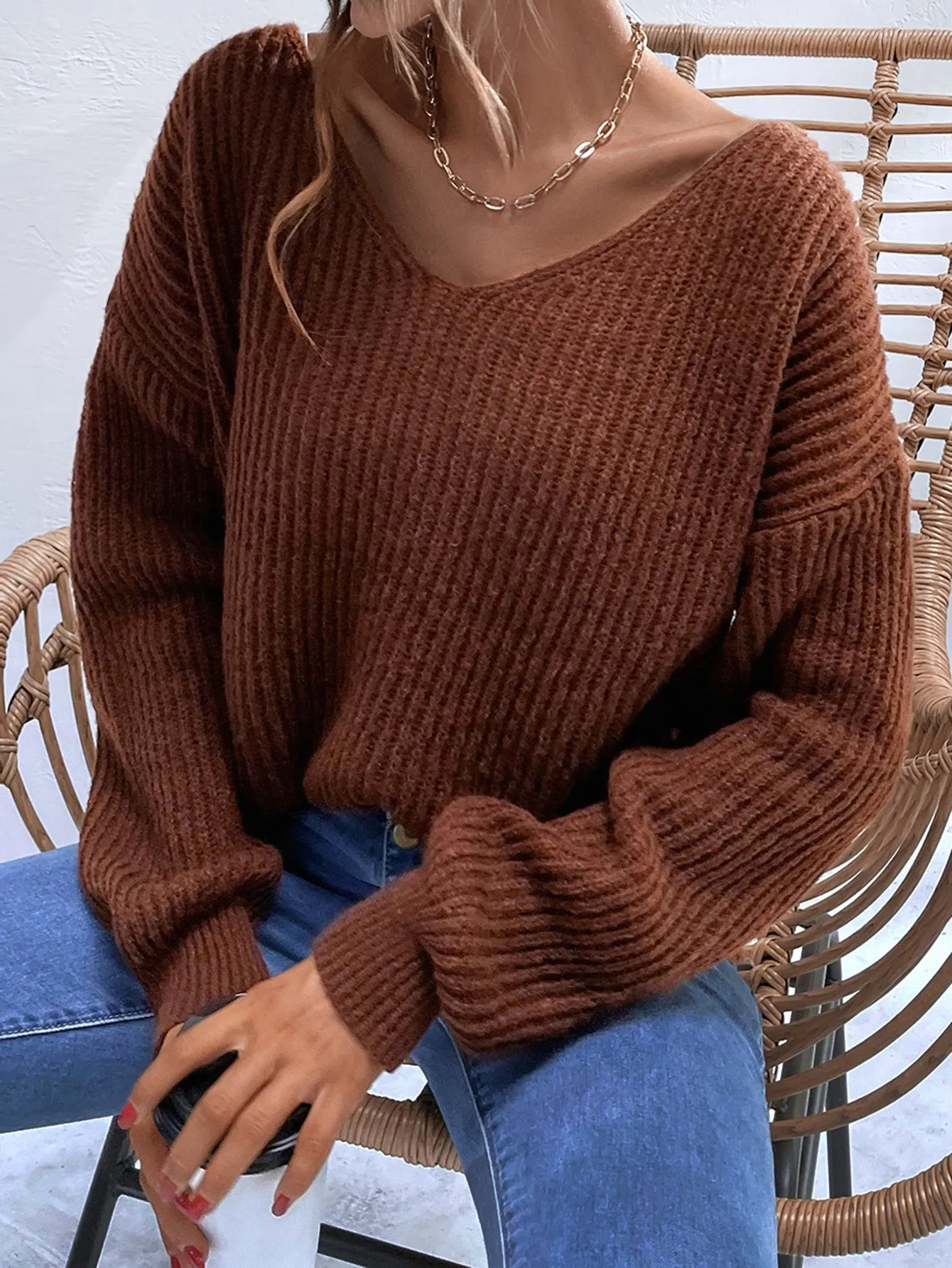 Casual Plain Split Long Sleeve V Neck Slit Regular Women Sweater