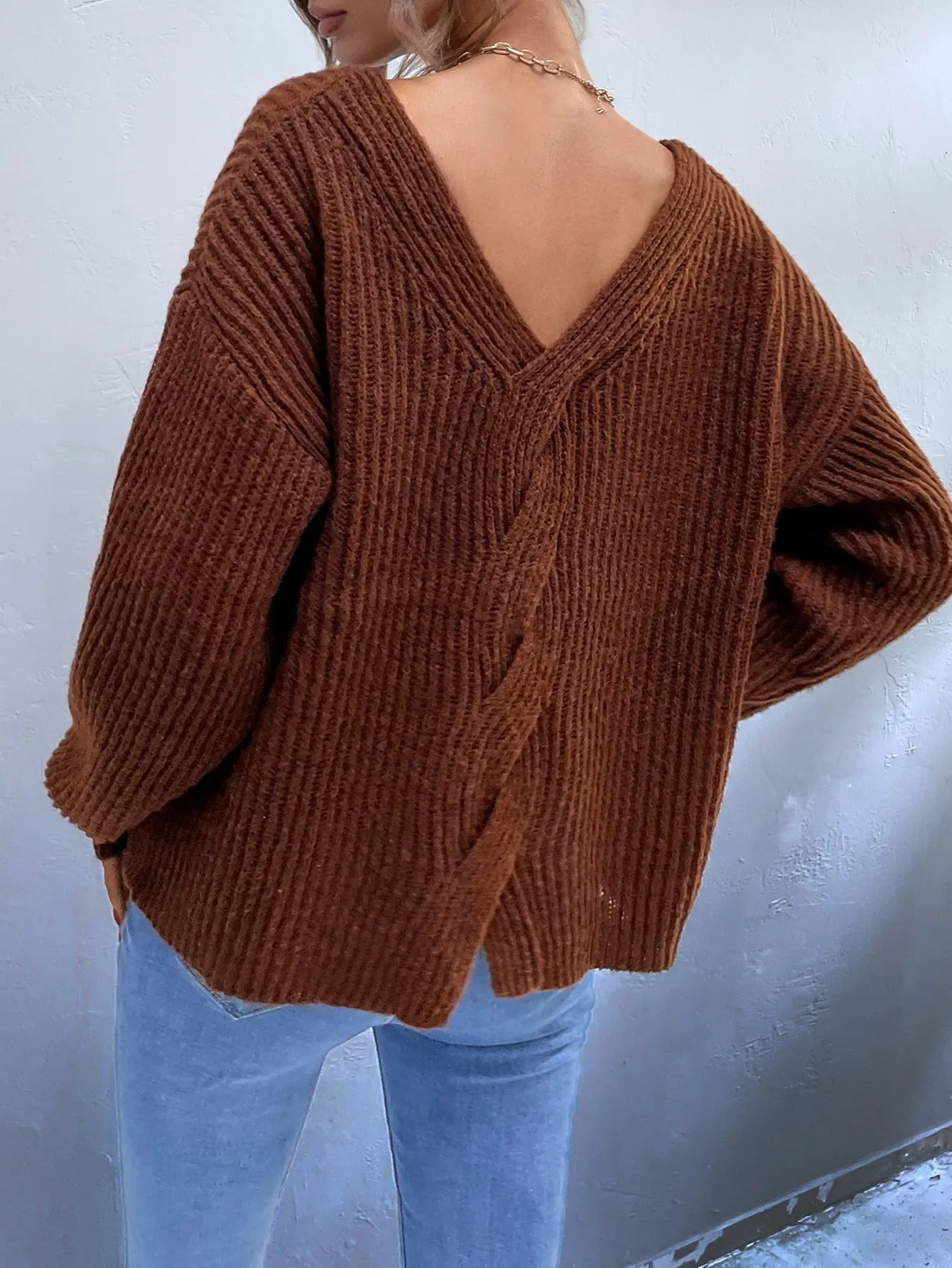 Casual Plain Split Long Sleeve V Neck Slit Regular Women Sweater