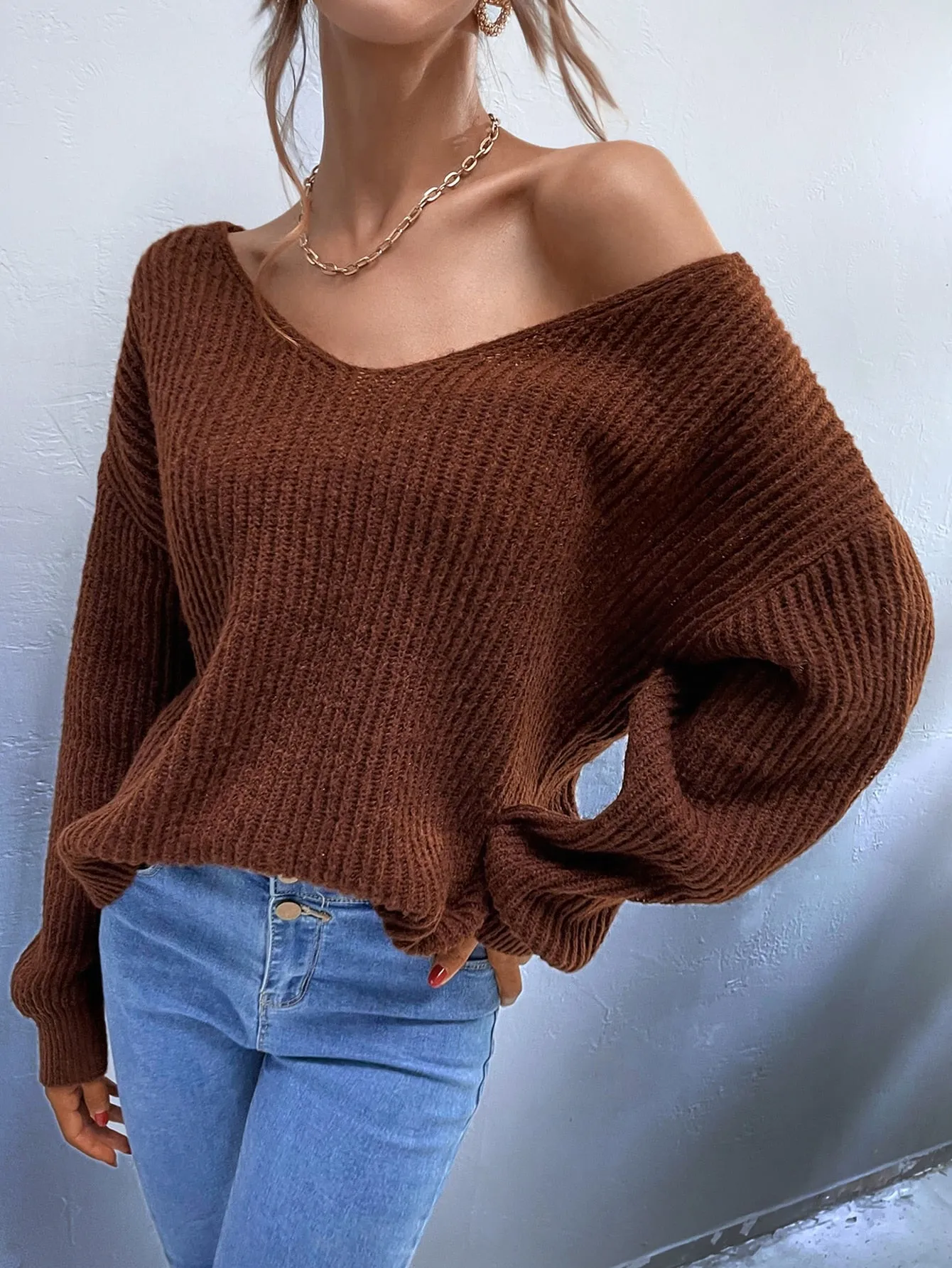 Casual Plain Split Long Sleeve V Neck Slit Regular Women Sweater