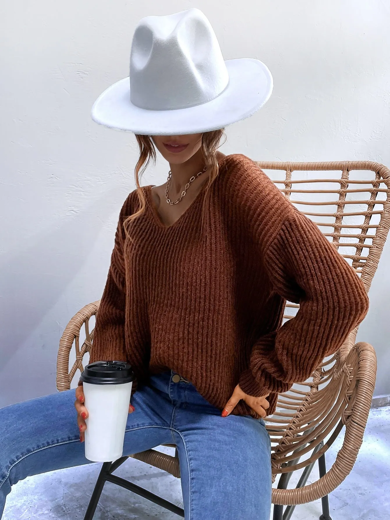 Casual Plain Split Long Sleeve V Neck Slit Regular Women Sweater