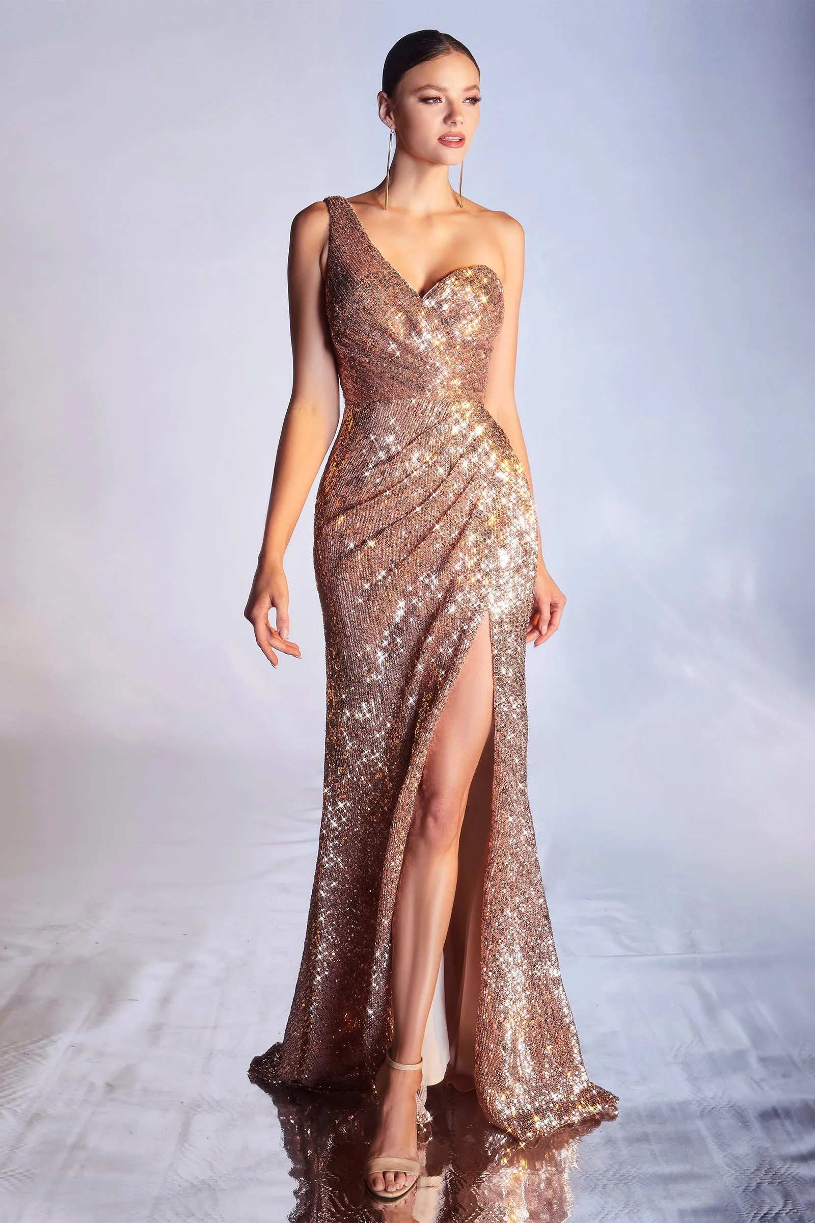 CINDERELLA DIVINE CH182 One-Shoulder Sequin Drapes Skirt Gown