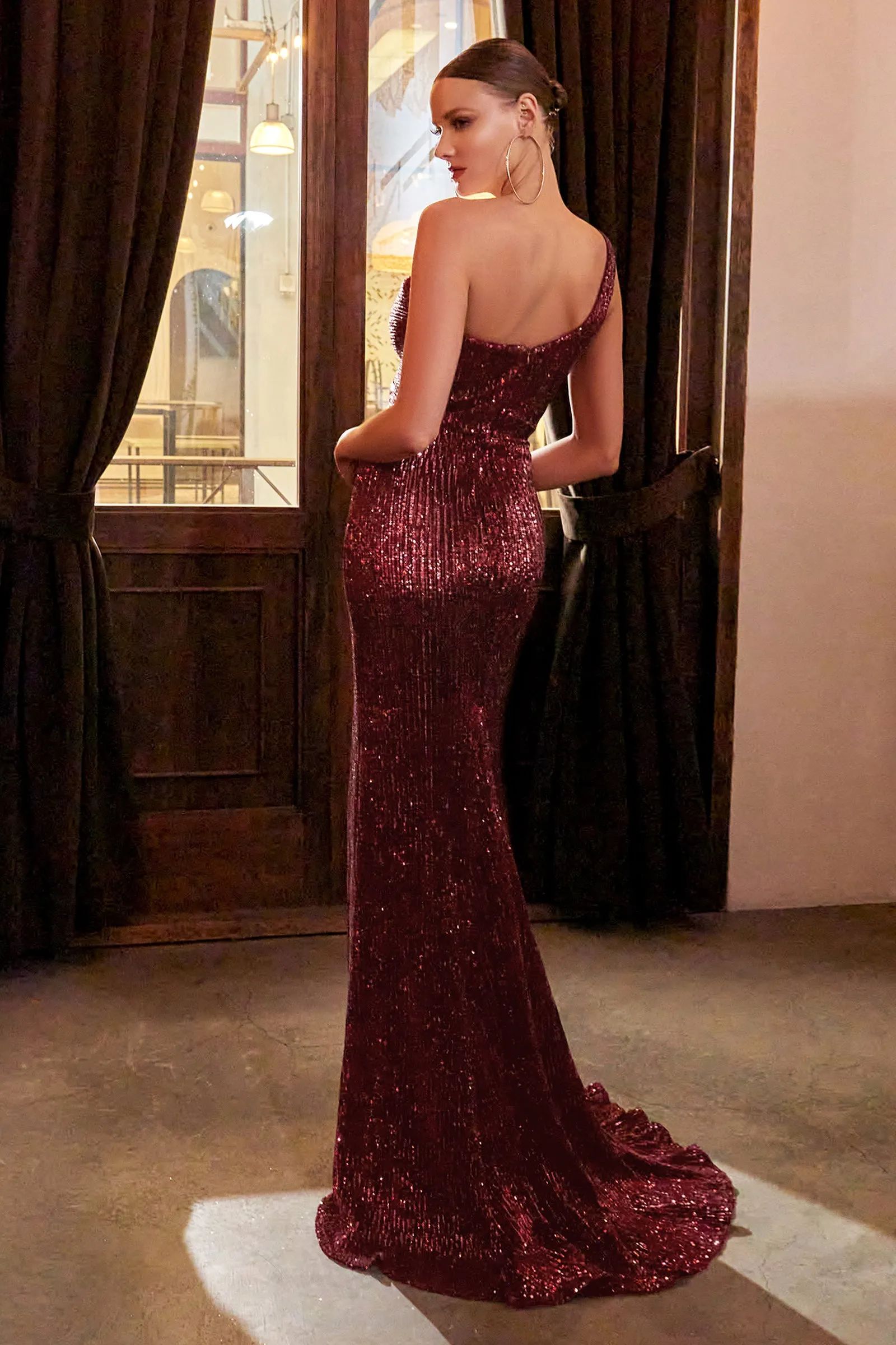 CINDERELLA DIVINE CH182 One-Shoulder Sequin Drapes Skirt Gown