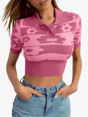 Color Blocks Floral Leisure Women_s Knitted Tops