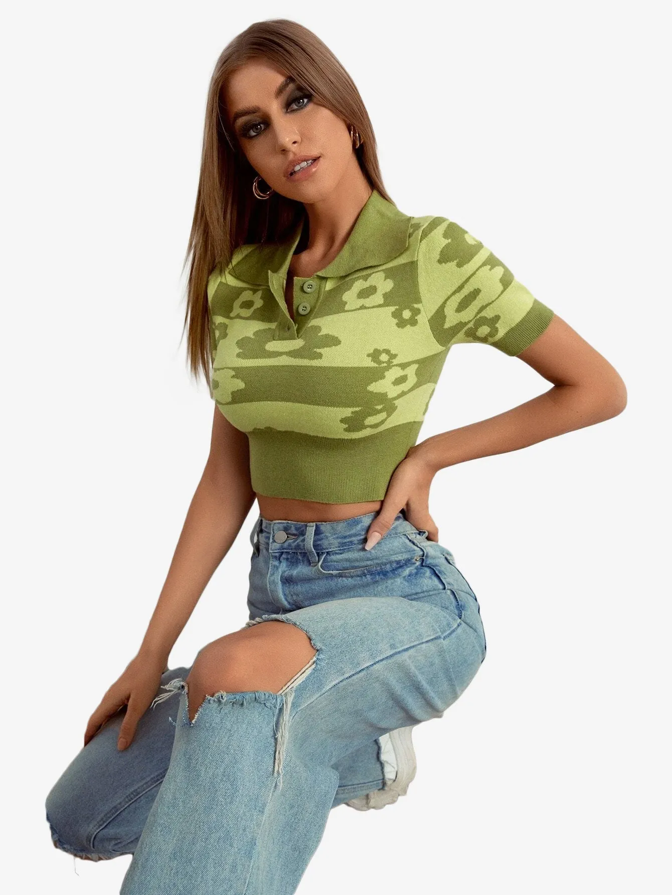 Color Blocks Floral Leisure Women_s Knitted Tops