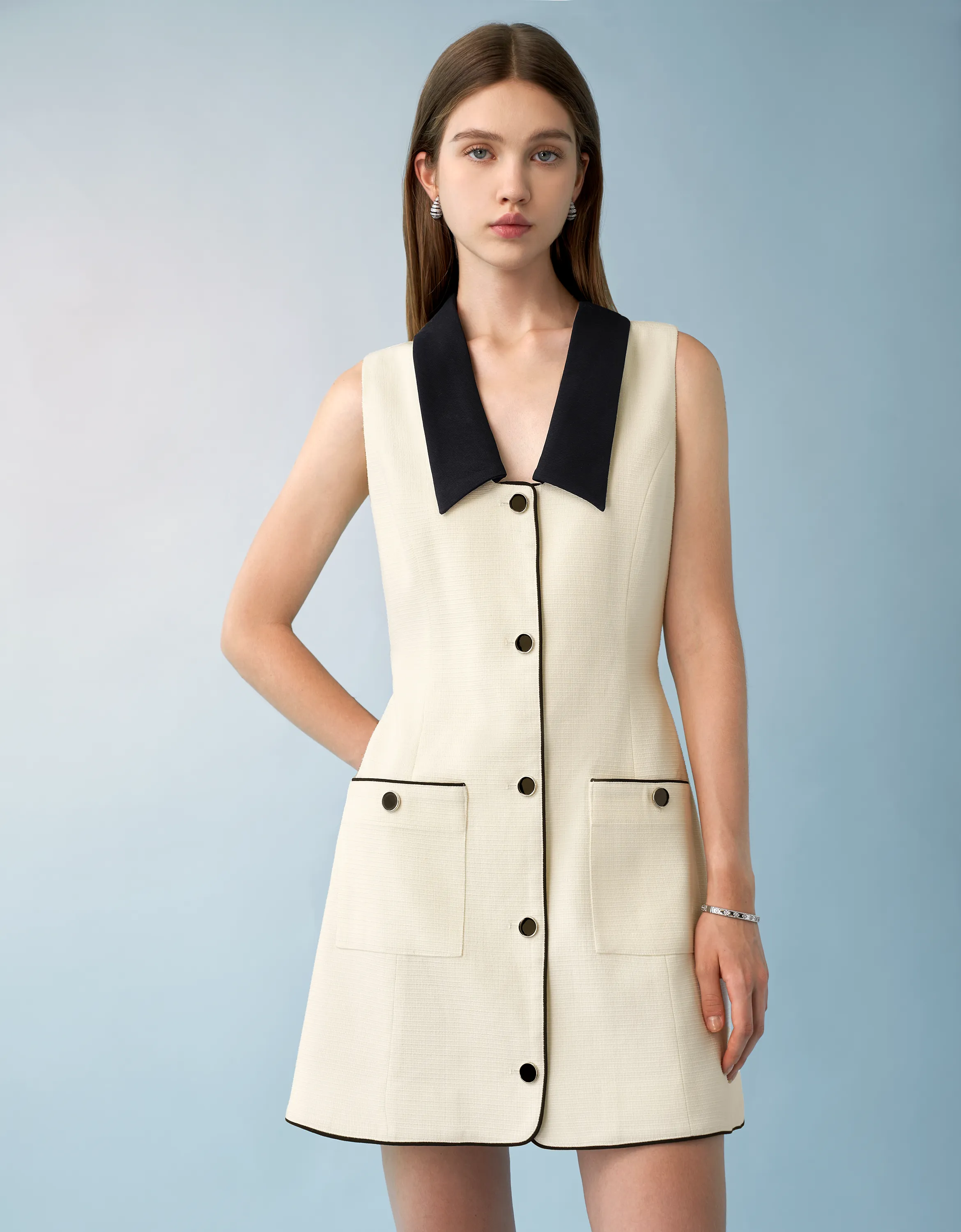 Contrast Collar Button Up Tweed Dress