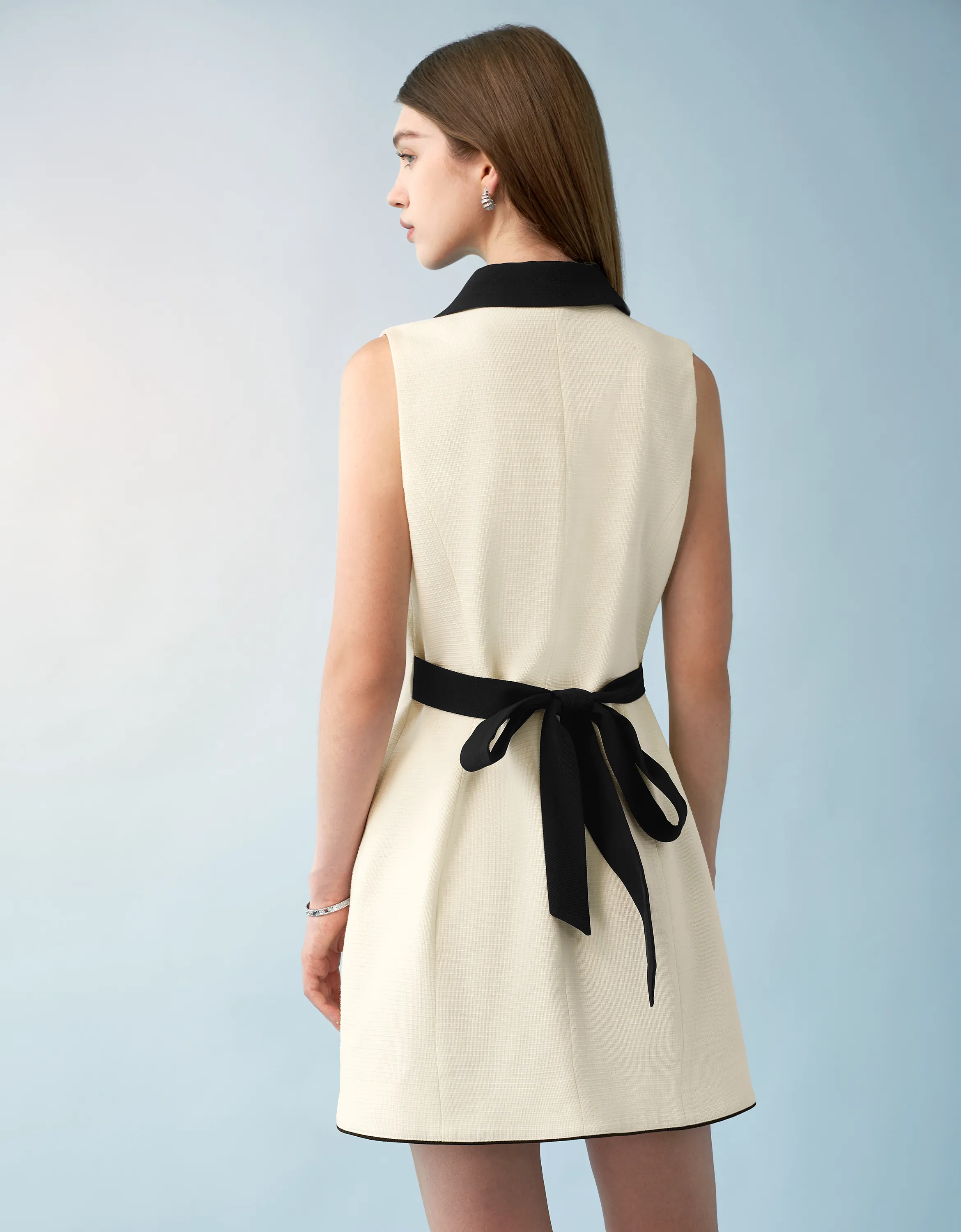 Contrast Collar Button Up Tweed Dress