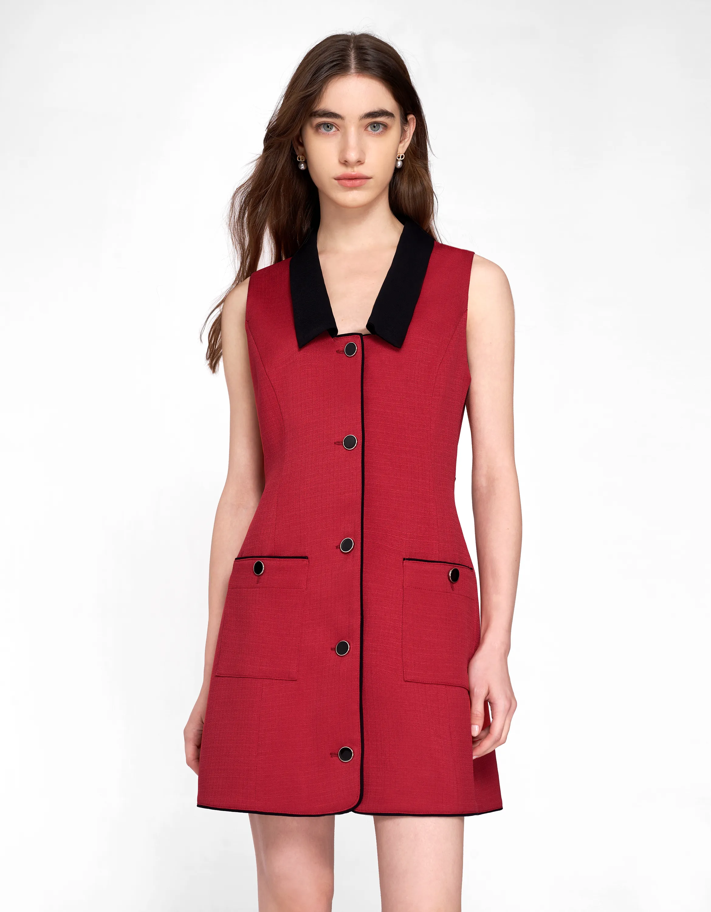 Contrast Collar Button Up Tweed Dress