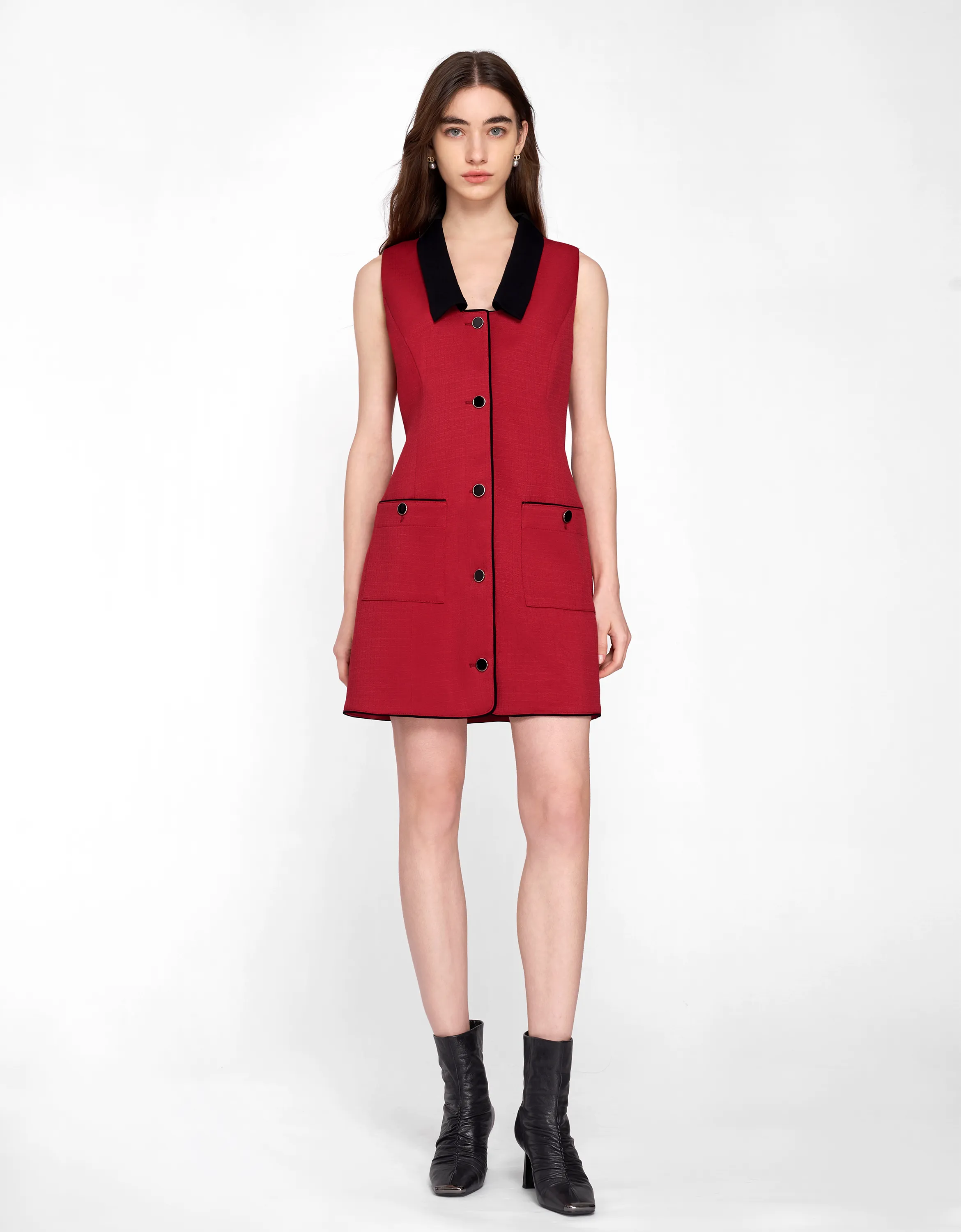 Contrast Collar Button Up Tweed Dress