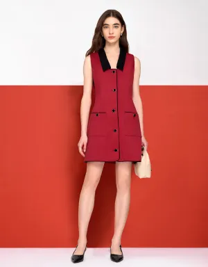 Contrast Collar Button Up Tweed Dress