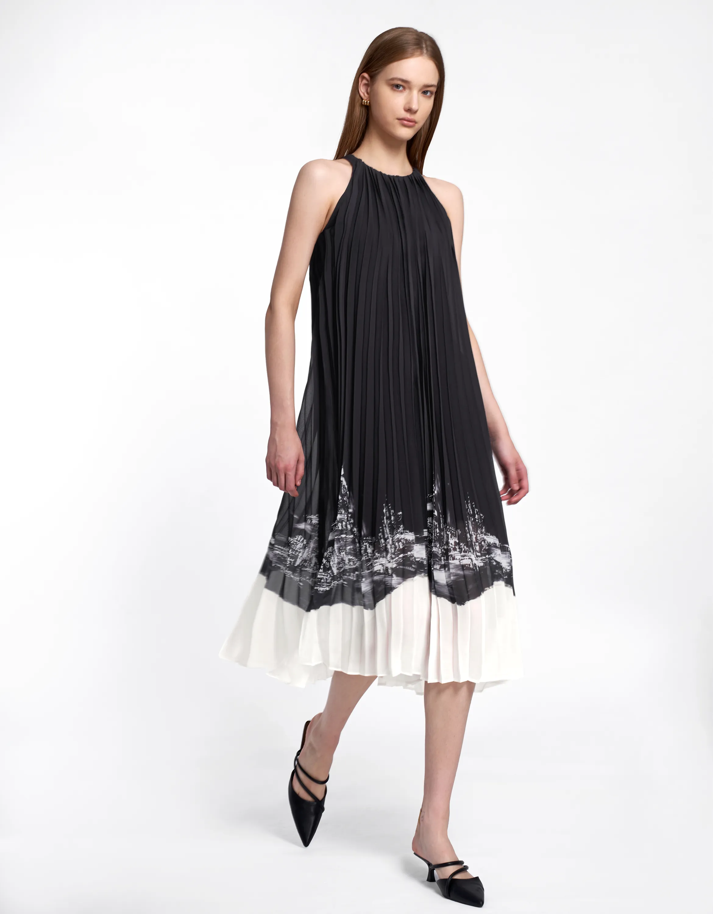 Contrast Print Pleated Dress