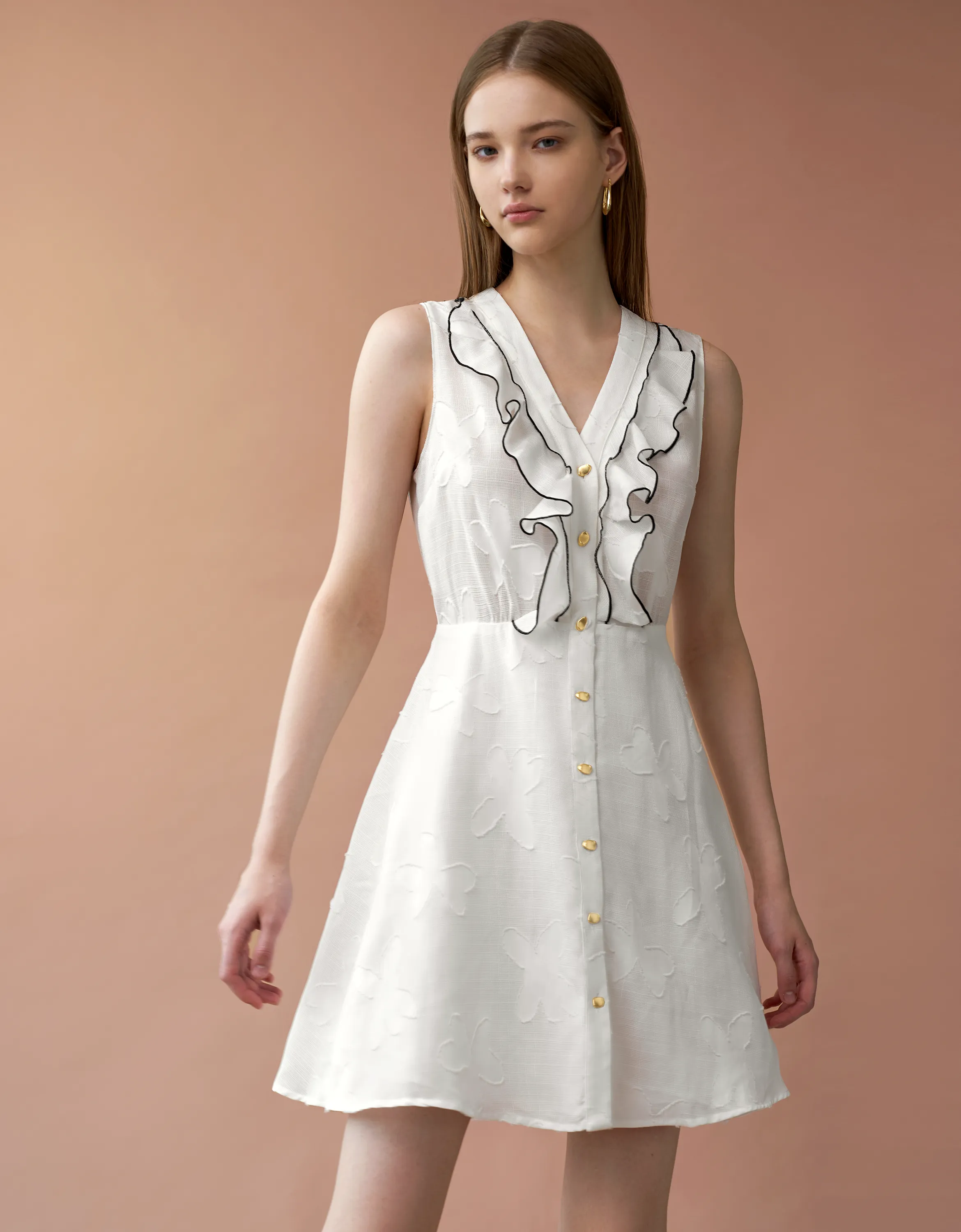 Contrast Trim Ruffle Front Dress