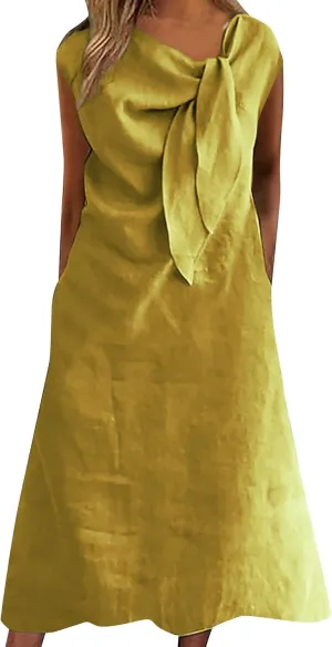 Cotton Linen Dress for Women Summer Fashion Pleated Collar Sleeveless Breathable Loose Fit Dresses Beach Sundress